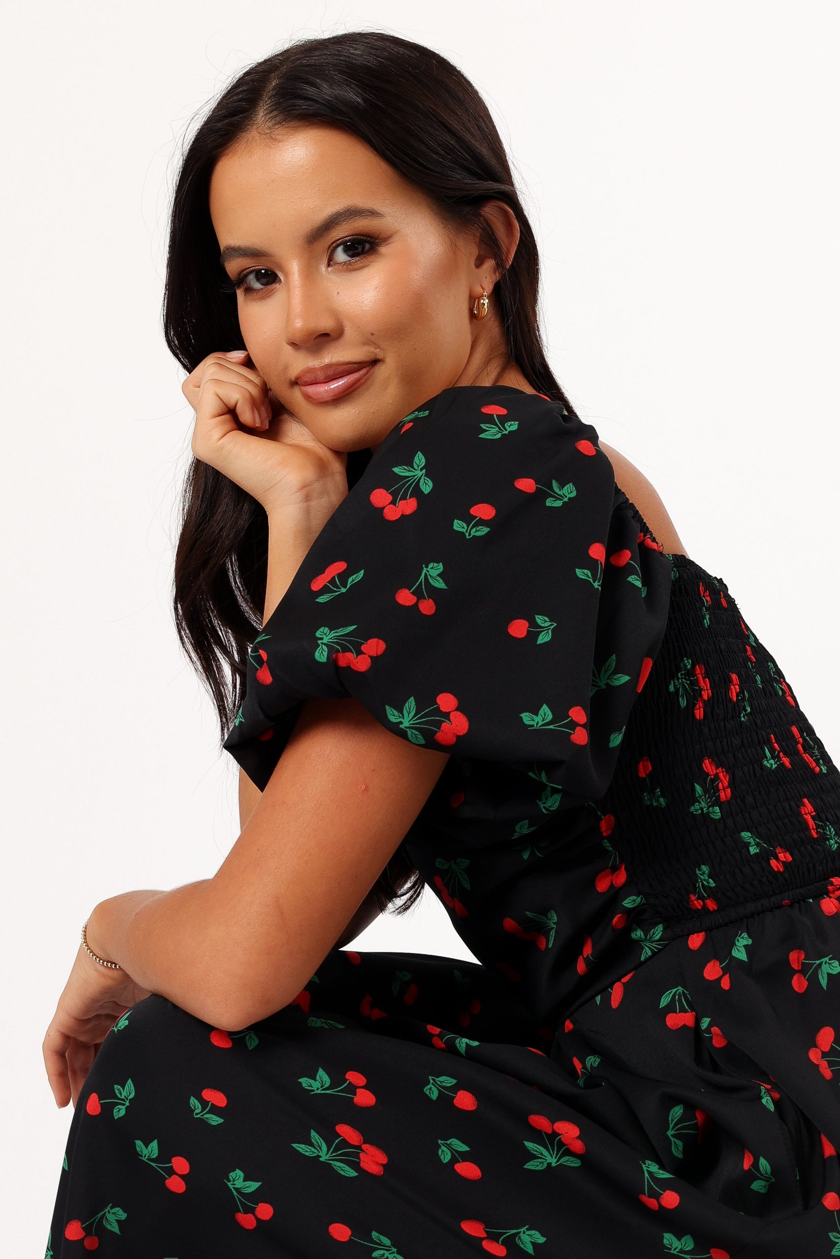 Chlo Puff Sleeve Midi Dress - Cherry Print - Image 4