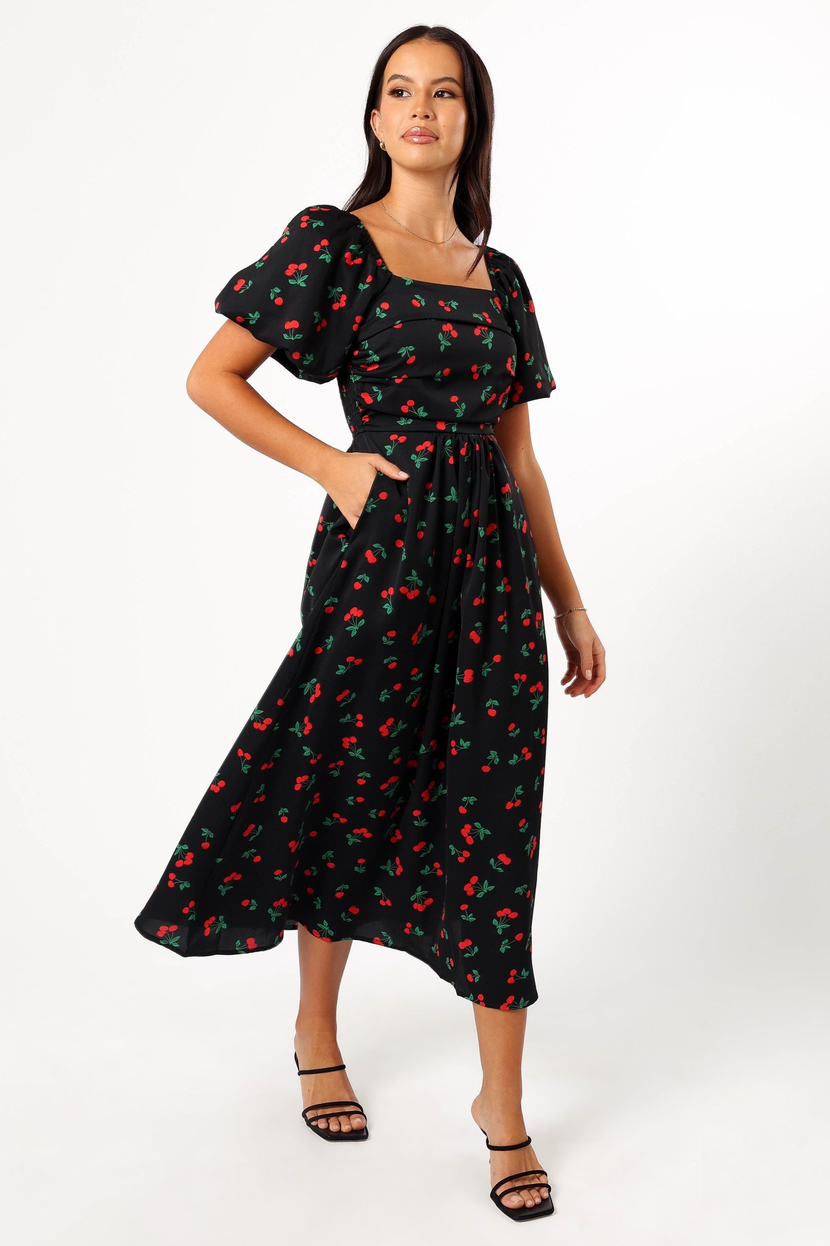 Chlo Puff Sleeve Midi Dress - Cherry Print - Image 6