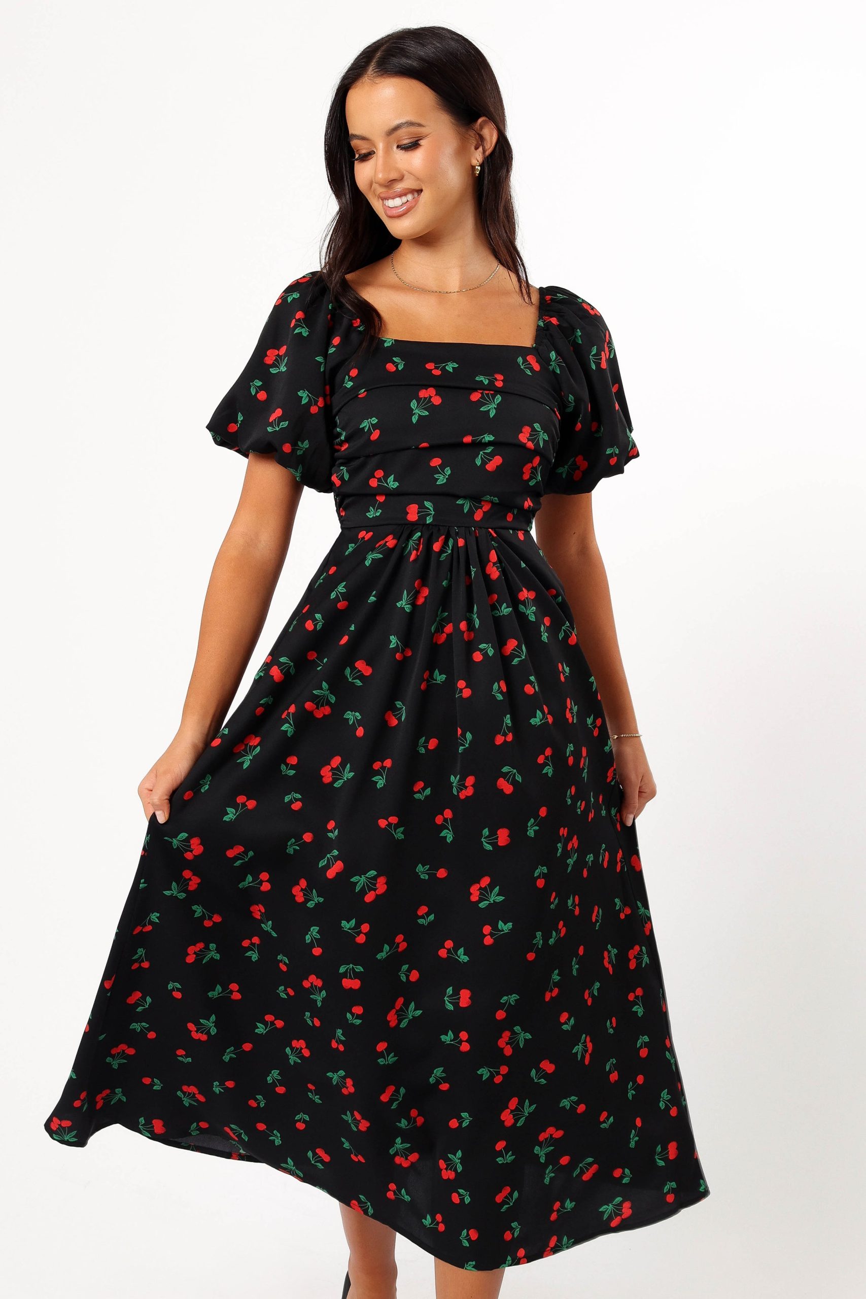 Chlo Puff Sleeve Midi Dress - Cherry Print - Image 8