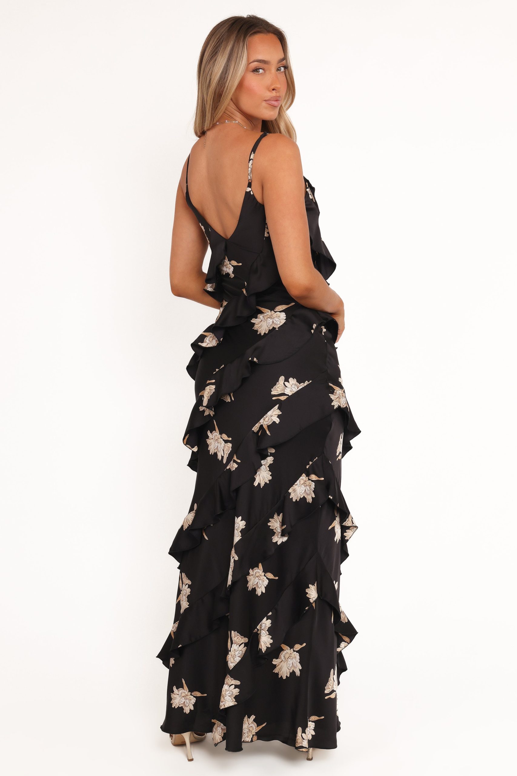 Ciao Ruffles Maxi Satin Dress - Black Floral - Image 3