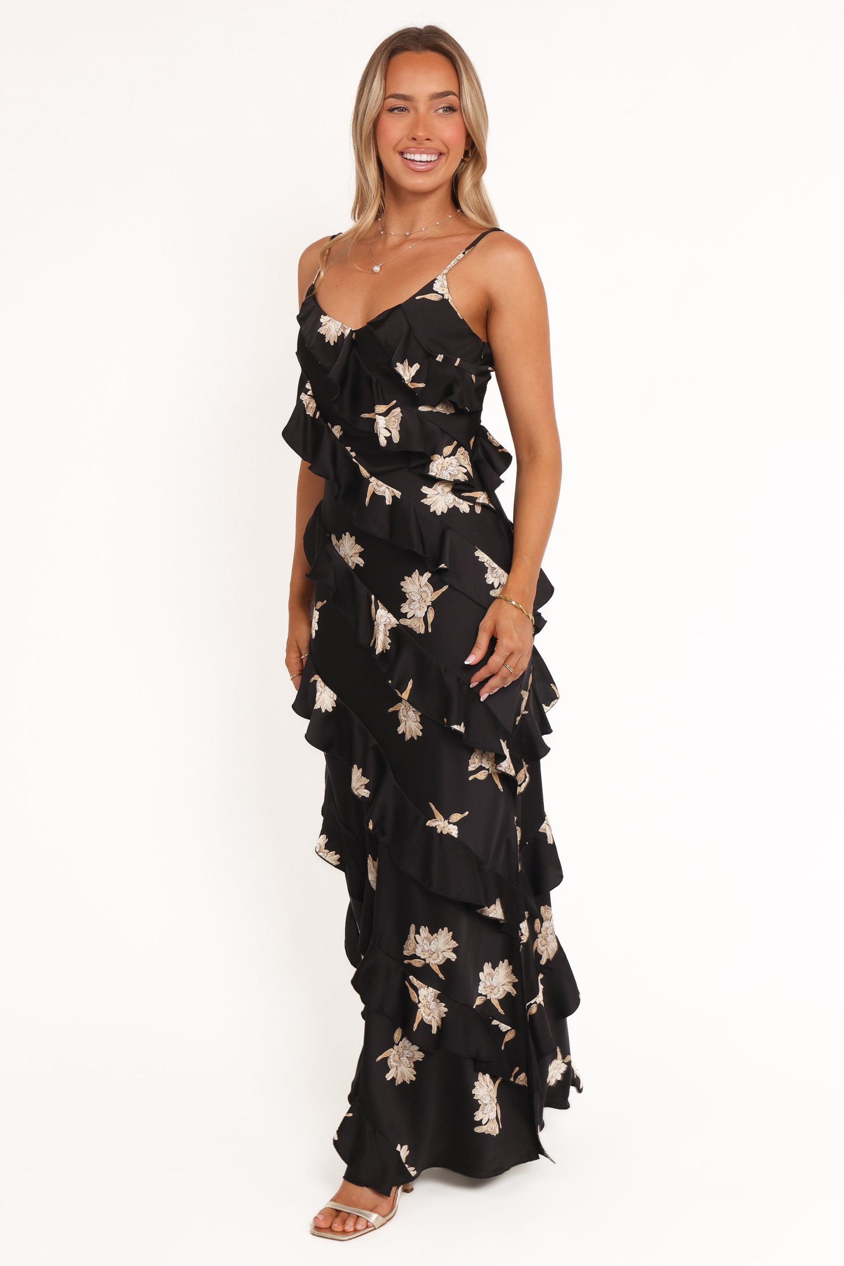 Ciao Ruffles Maxi Satin Dress - Black Floral - Image 4