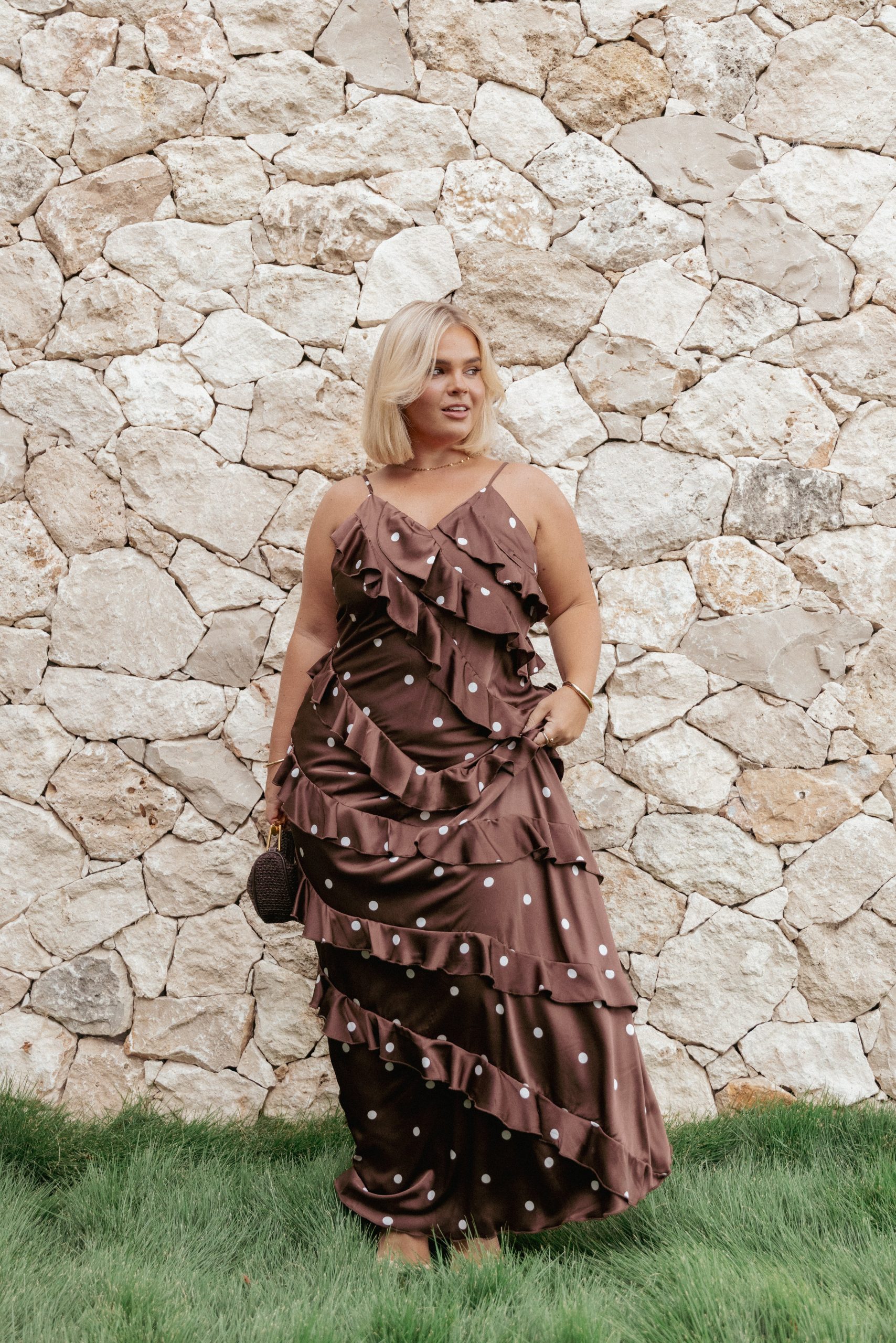 Ciao Ruffles Maxi Satin Dress - Brown Polka Dot - Image 7