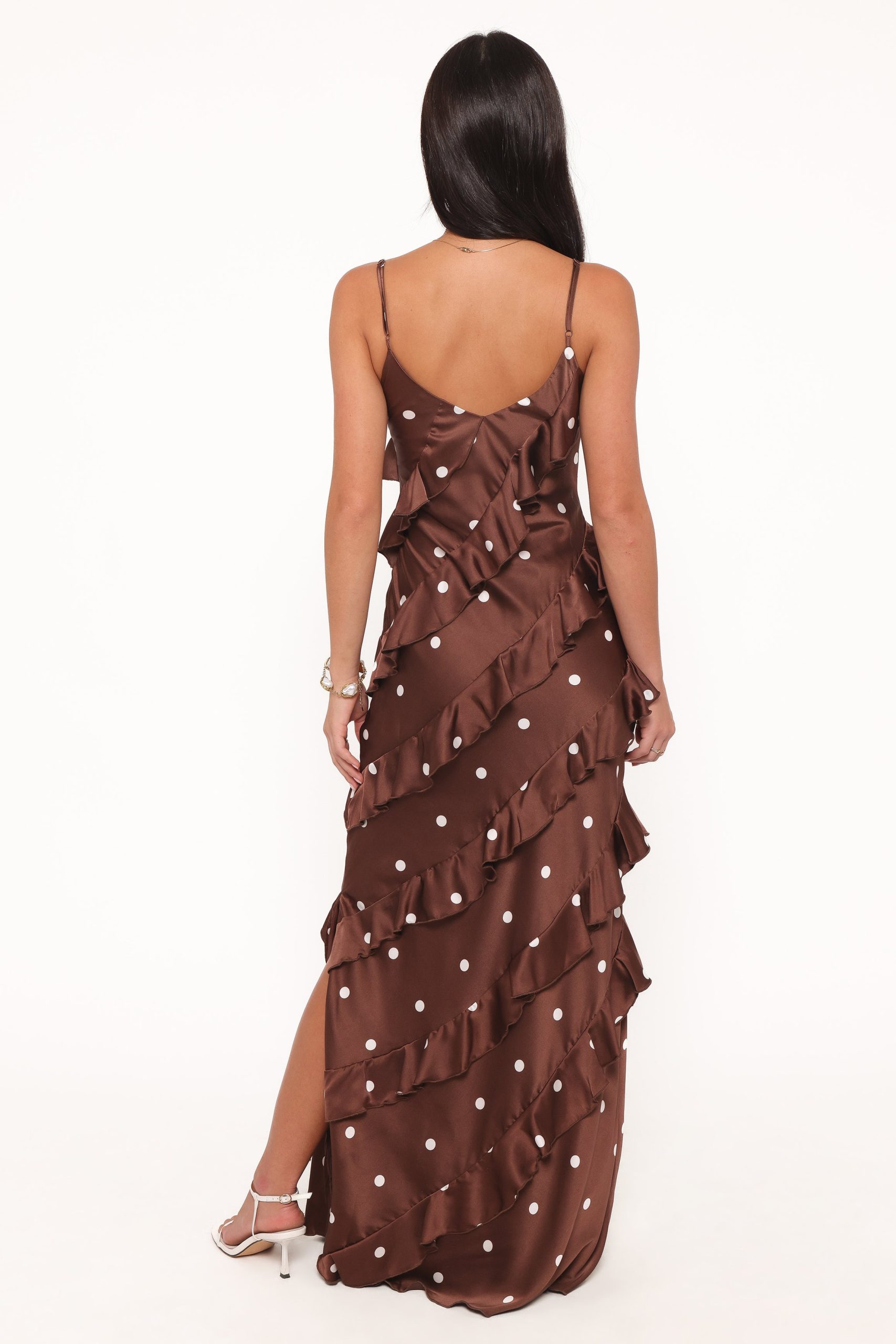 Ciao Ruffles Maxi Satin Dress - Brown Polka Dot - Image 5
