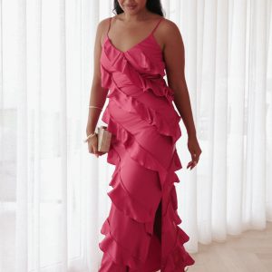Ciao Ruffles Maxi Satin Dress - Fuchsia