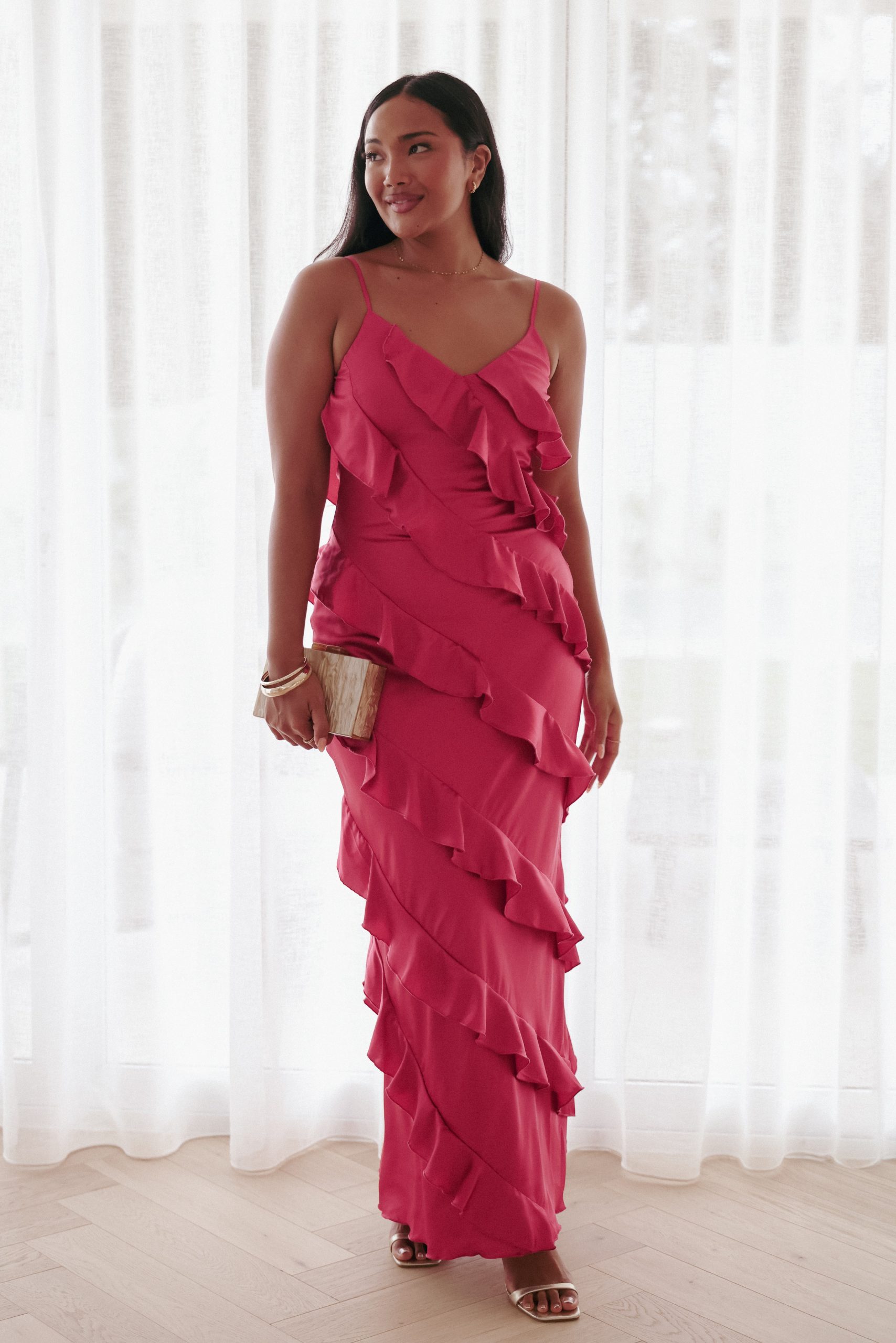 Ciao Ruffles Maxi Satin Dress - Fuchsia - Image 8