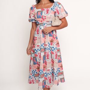 Clo Puff Sleeve Midi Dress - Pink Blue