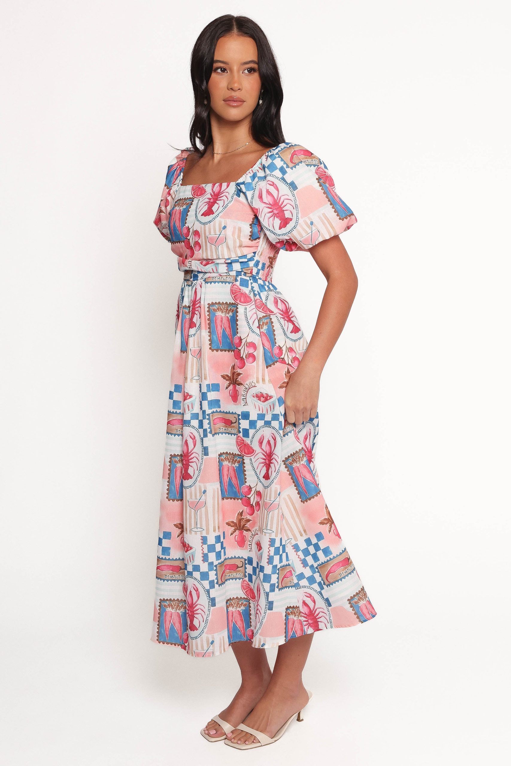 Clo Puff Sleeve Midi Dress - Pink Blue - Image 3