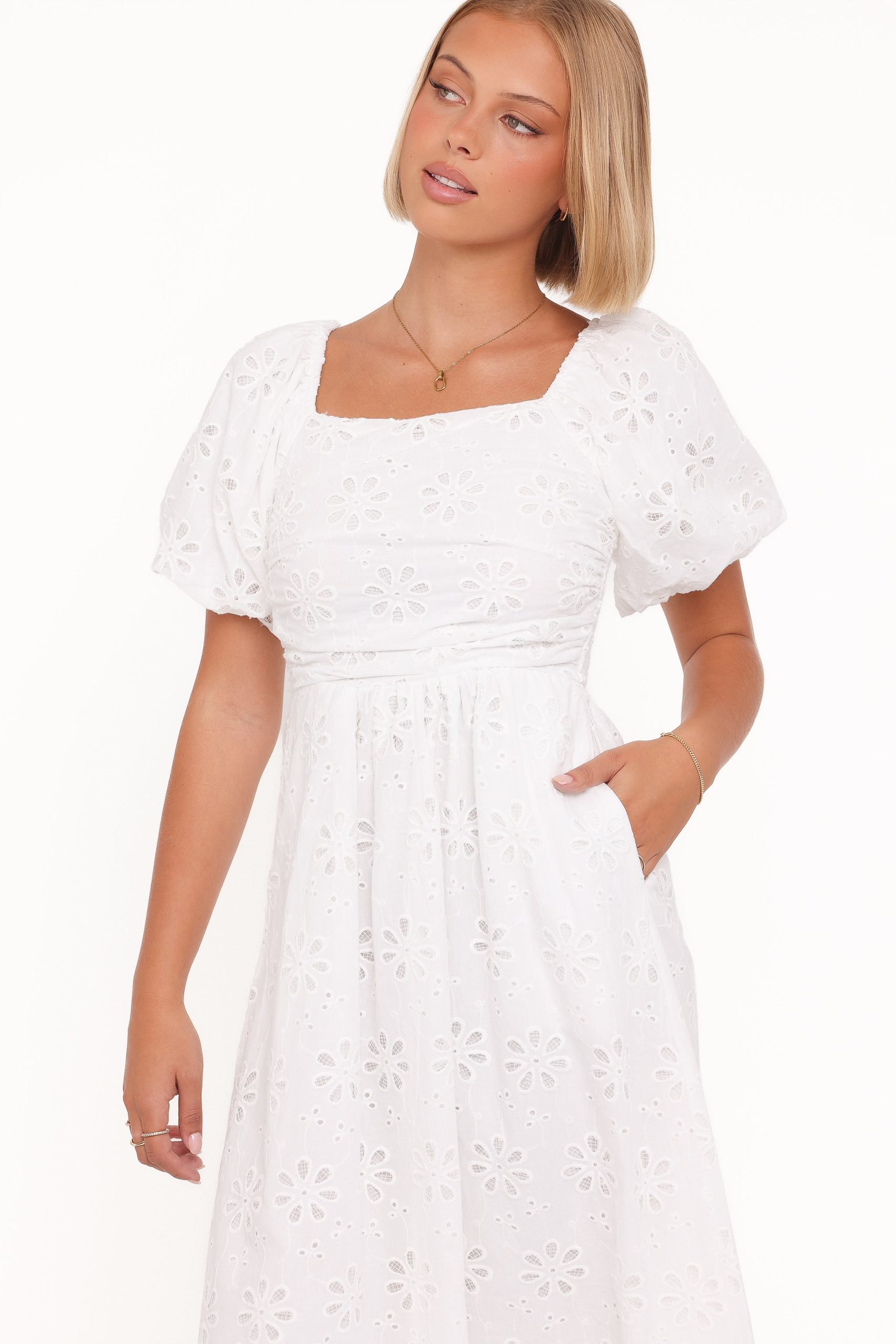 Clo Puff Sleeve Midi Dress - White Broderie - Image 3
