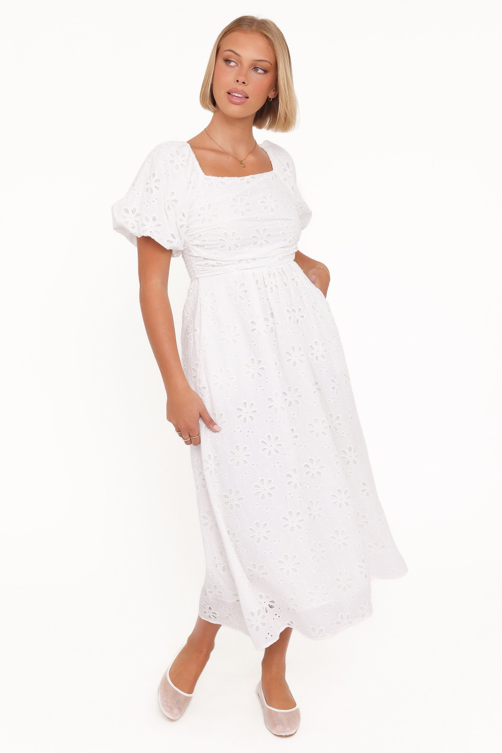 Clo Puff Sleeve Midi Dress - White Broderie - Image 2