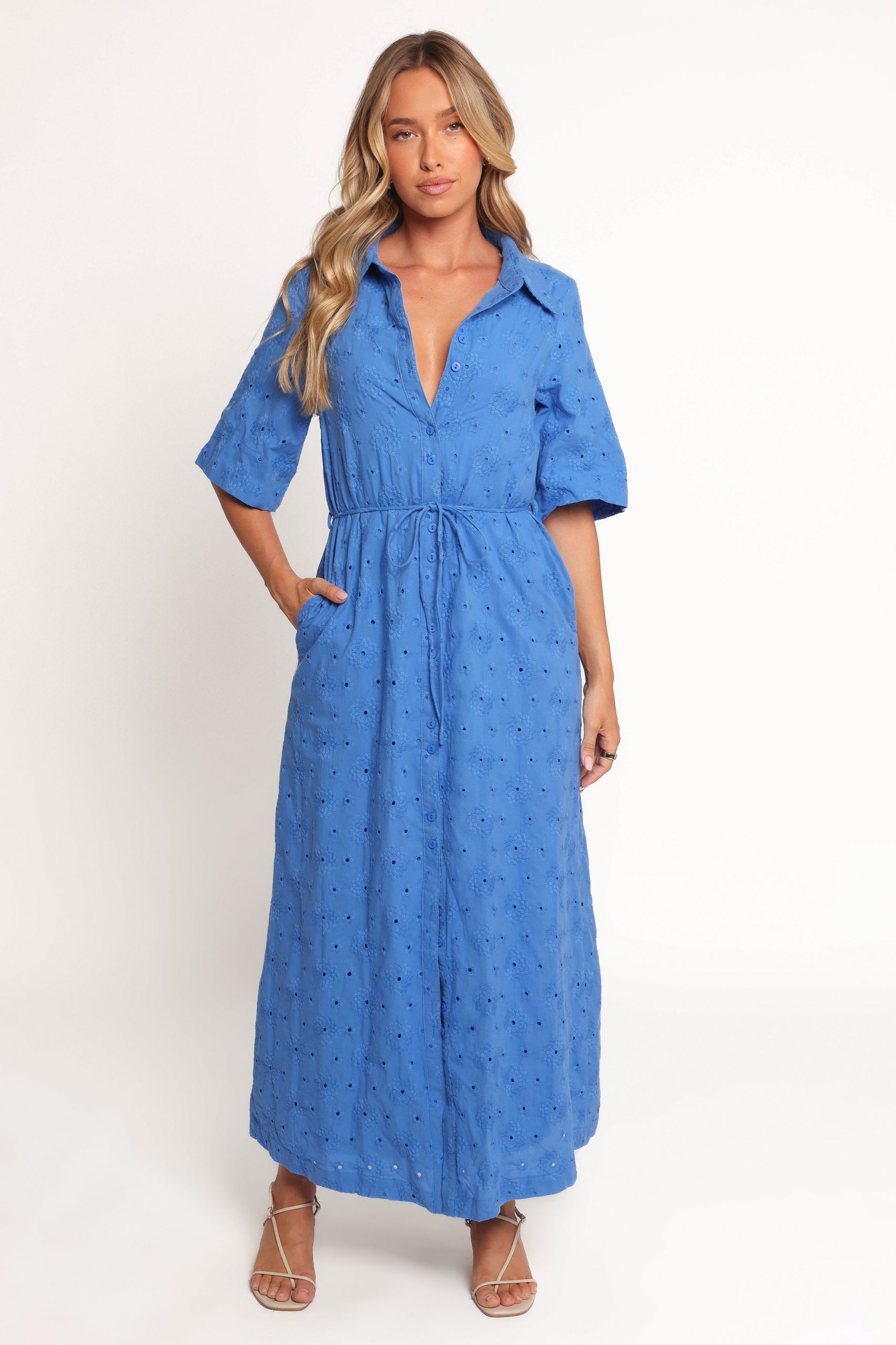 Cooper Embroidered Button Through Midi Dress - Cobalt - Image 2