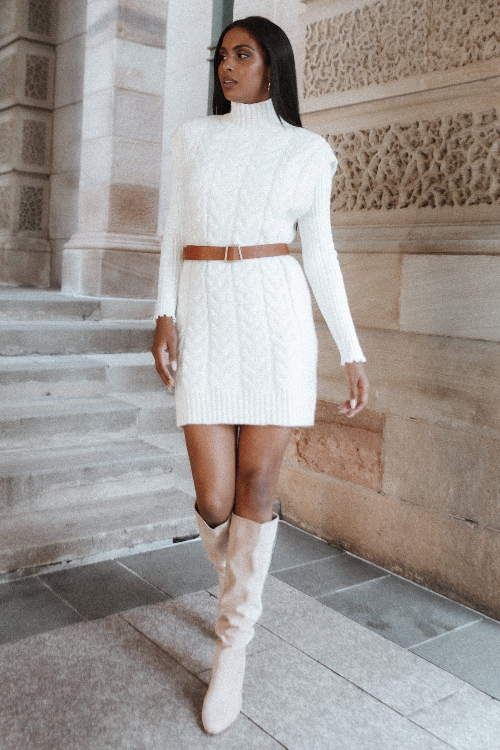 Cozette Turtle Neck Sleeveless Mini Knit Dress - Cream - Image 2