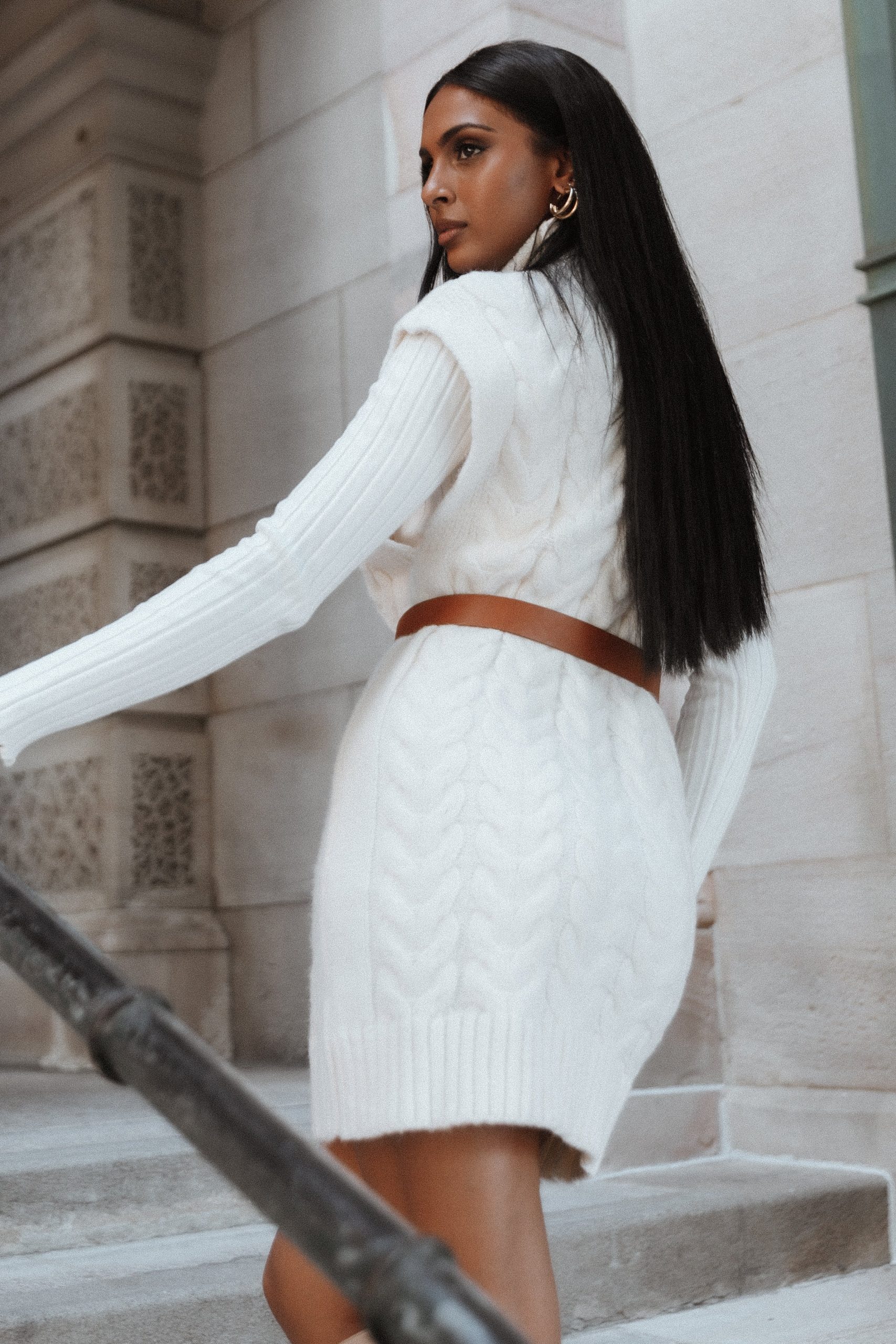 Cozette Turtle Neck Sleeveless Mini Knit Dress - Cream - Image 3