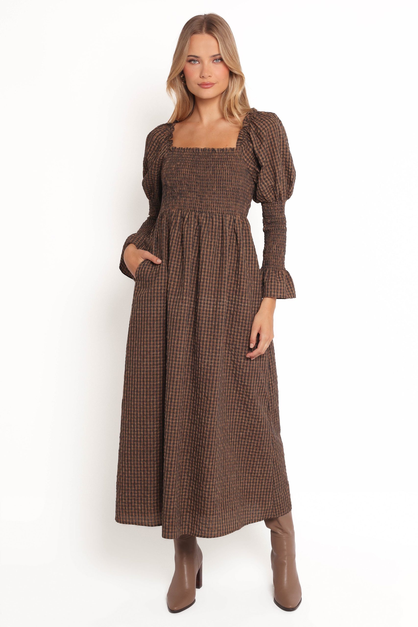 Cyrena Maxi Dress - Brown Check - Image 3