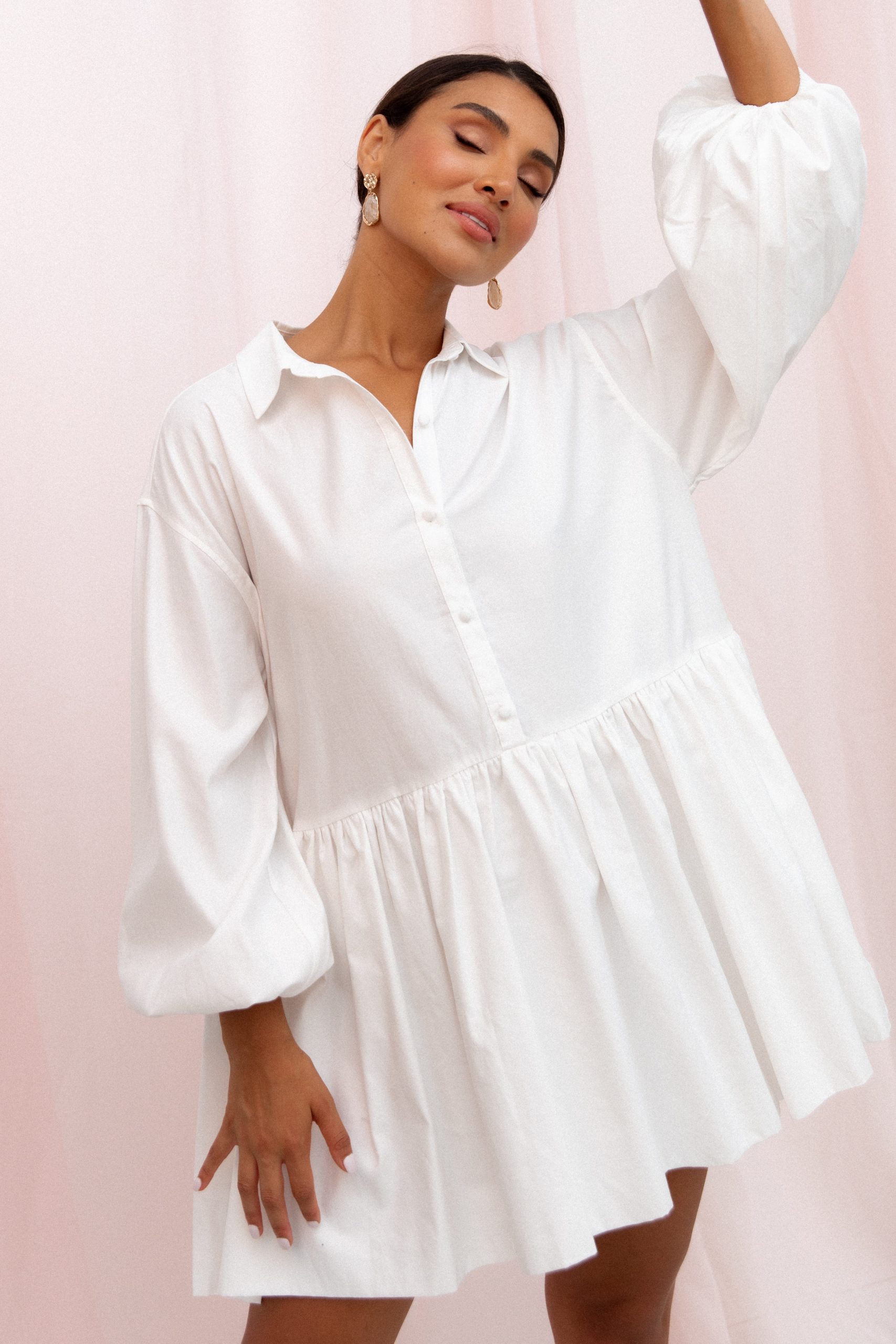 Daisy Long Sleeve Mini Dress - White - Image 3