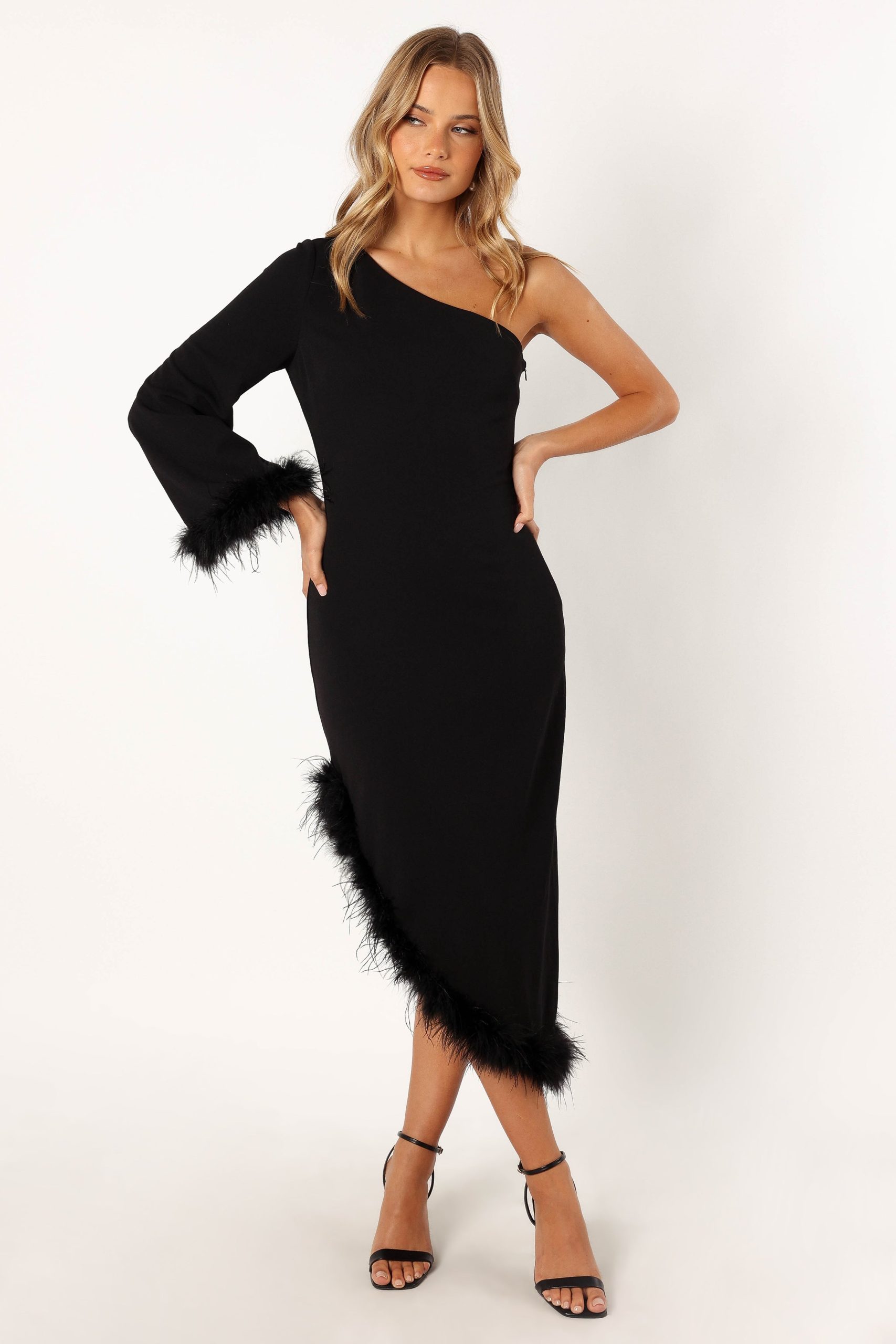 Dame One Shoulder Feather Midi Dress - Black - Image 3