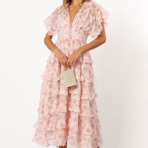 Daphne Ruffle Midi Dress - Pink Orange