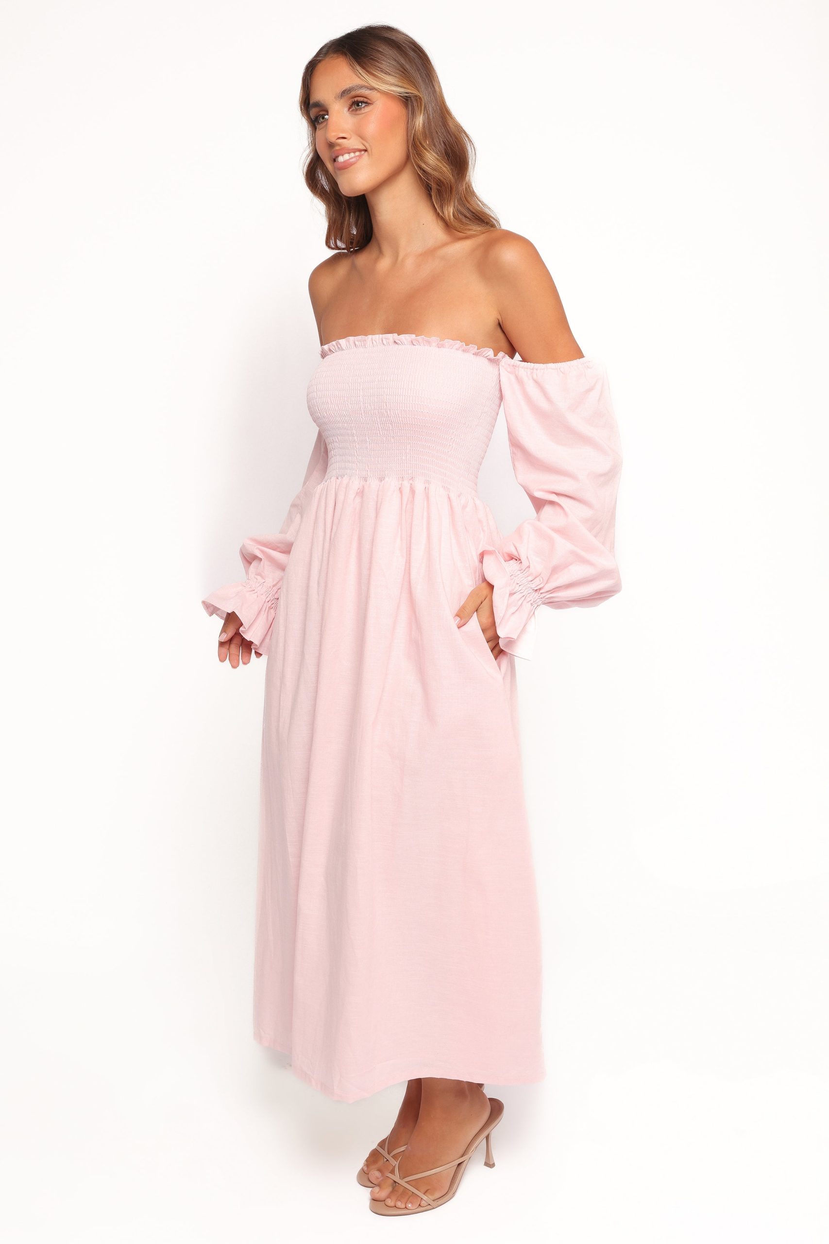 Domenica Shirred Long Sleeve Midi Dress - Pink - Image 3