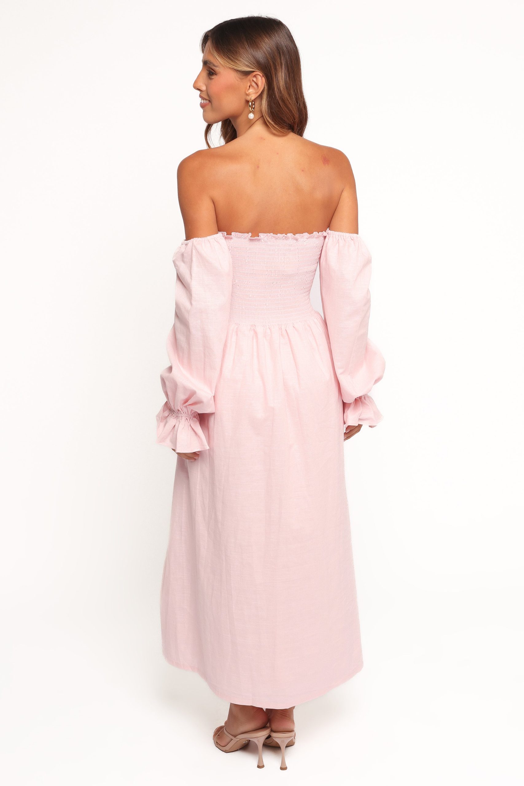 Domenica Shirred Long Sleeve Midi Dress - Pink - Image 4