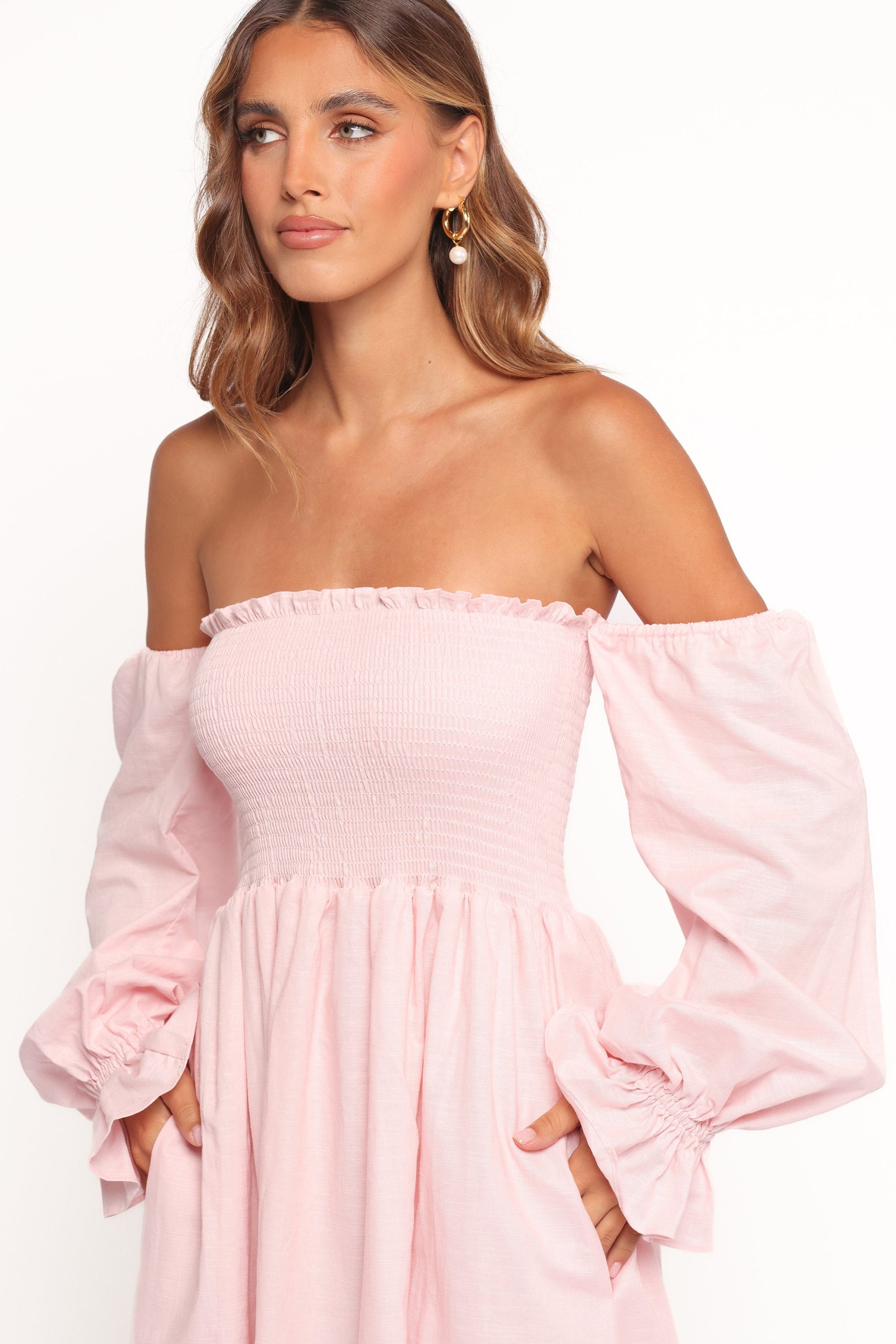 Domenica Shirred Long Sleeve Midi Dress - Pink - Image 2