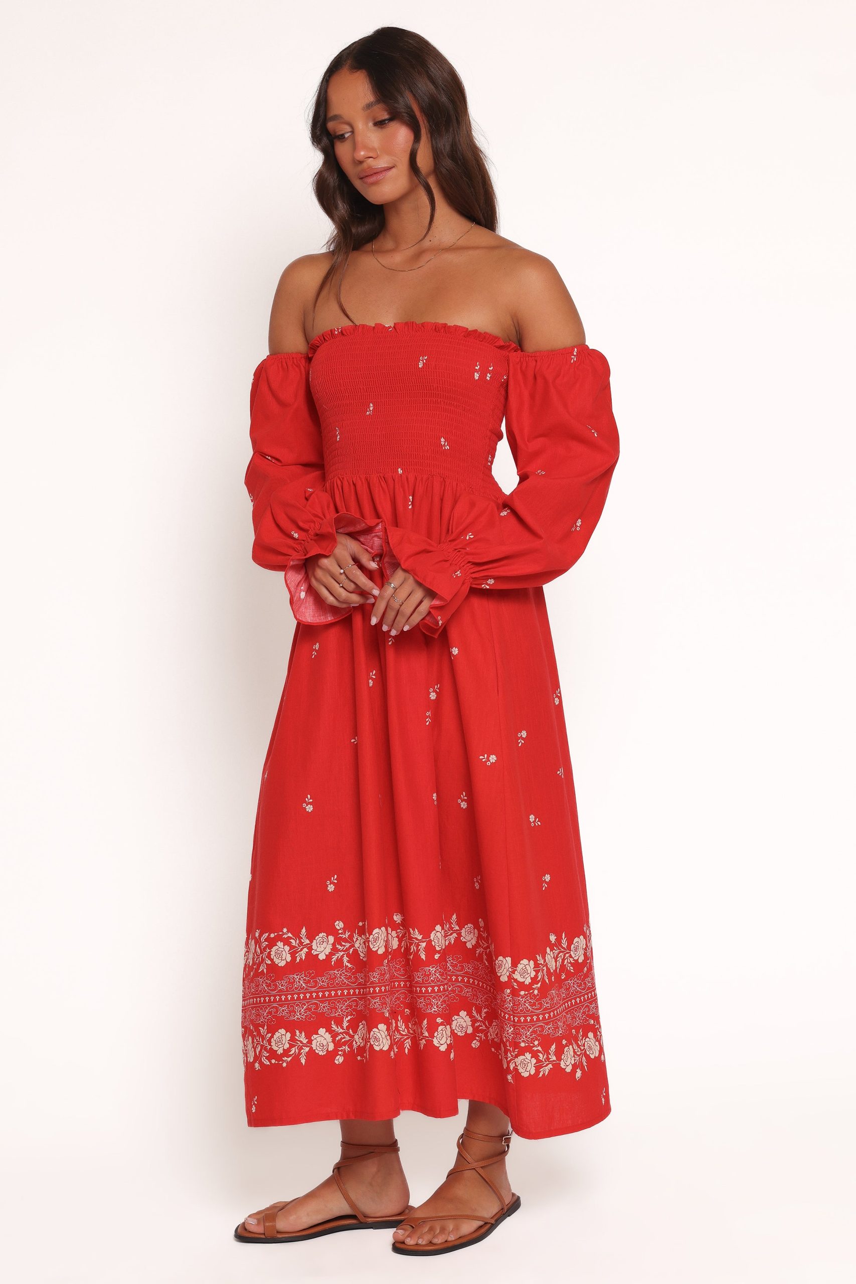Domenica Shirred Long Sleeve Midi Dress - Red Floral Bandana - Image 4