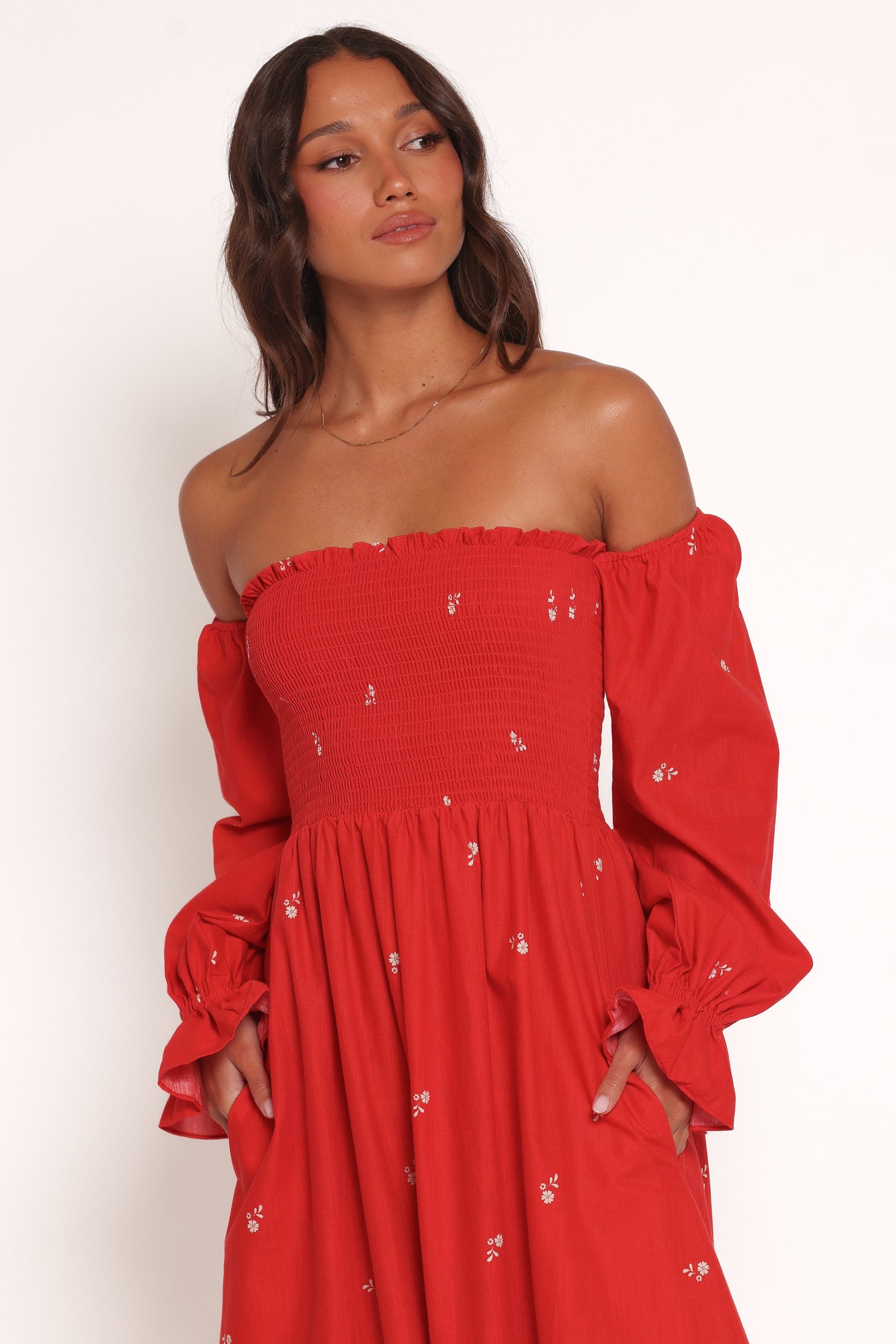 Domenica Shirred Long Sleeve Midi Dress - Red Floral Bandana - Image 3