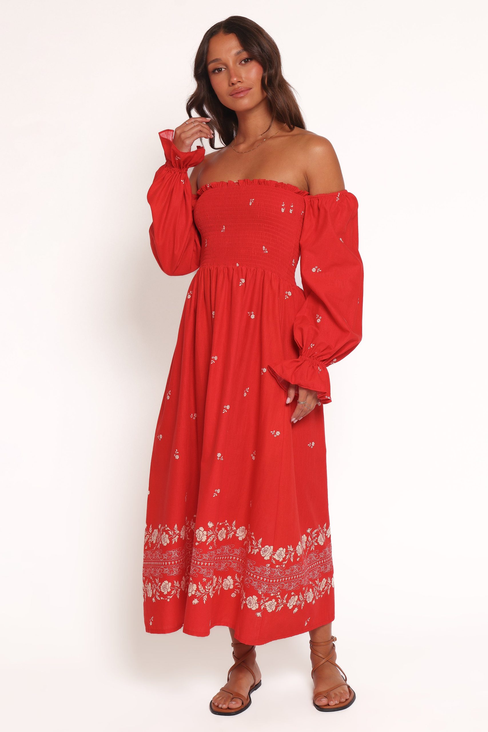 Domenica Shirred Long Sleeve Midi Dress - Red Floral Bandana - Image 2
