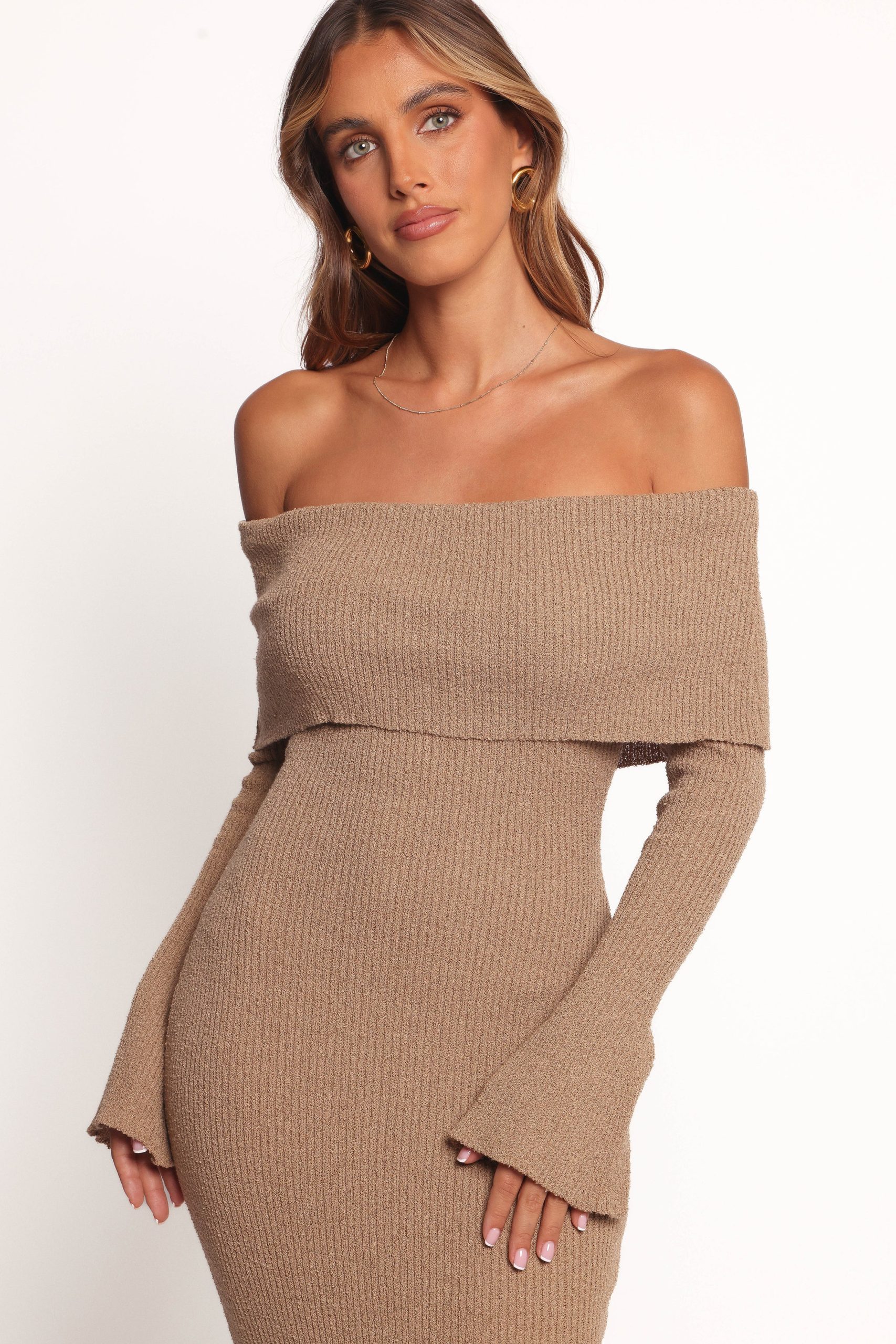 Domitia Off Shoulder Knit Dress - Brown - Image 5