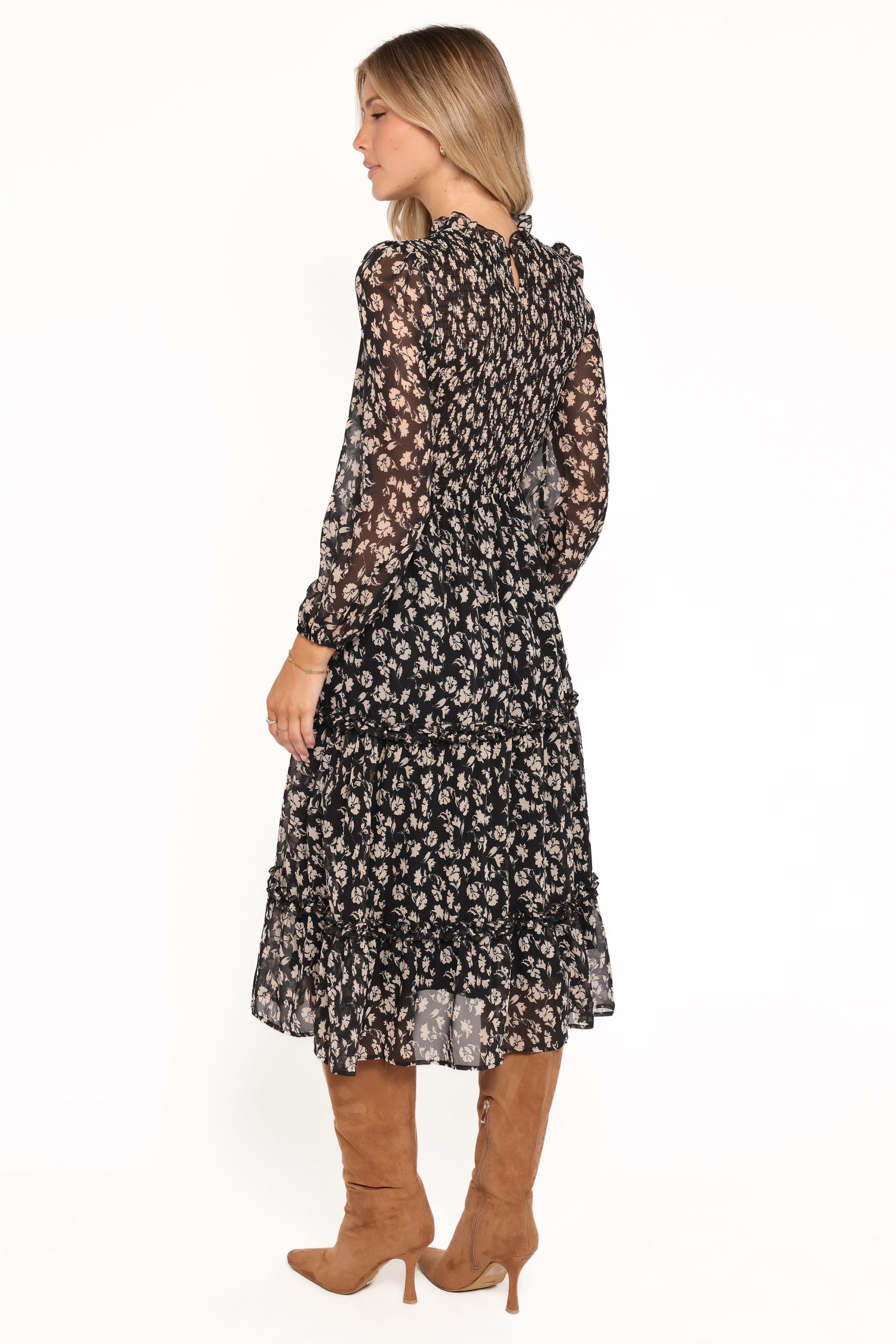 Edwina Shirred Frill Long Sleeve Midi Dress - Black Ditsy Floral - Image 4