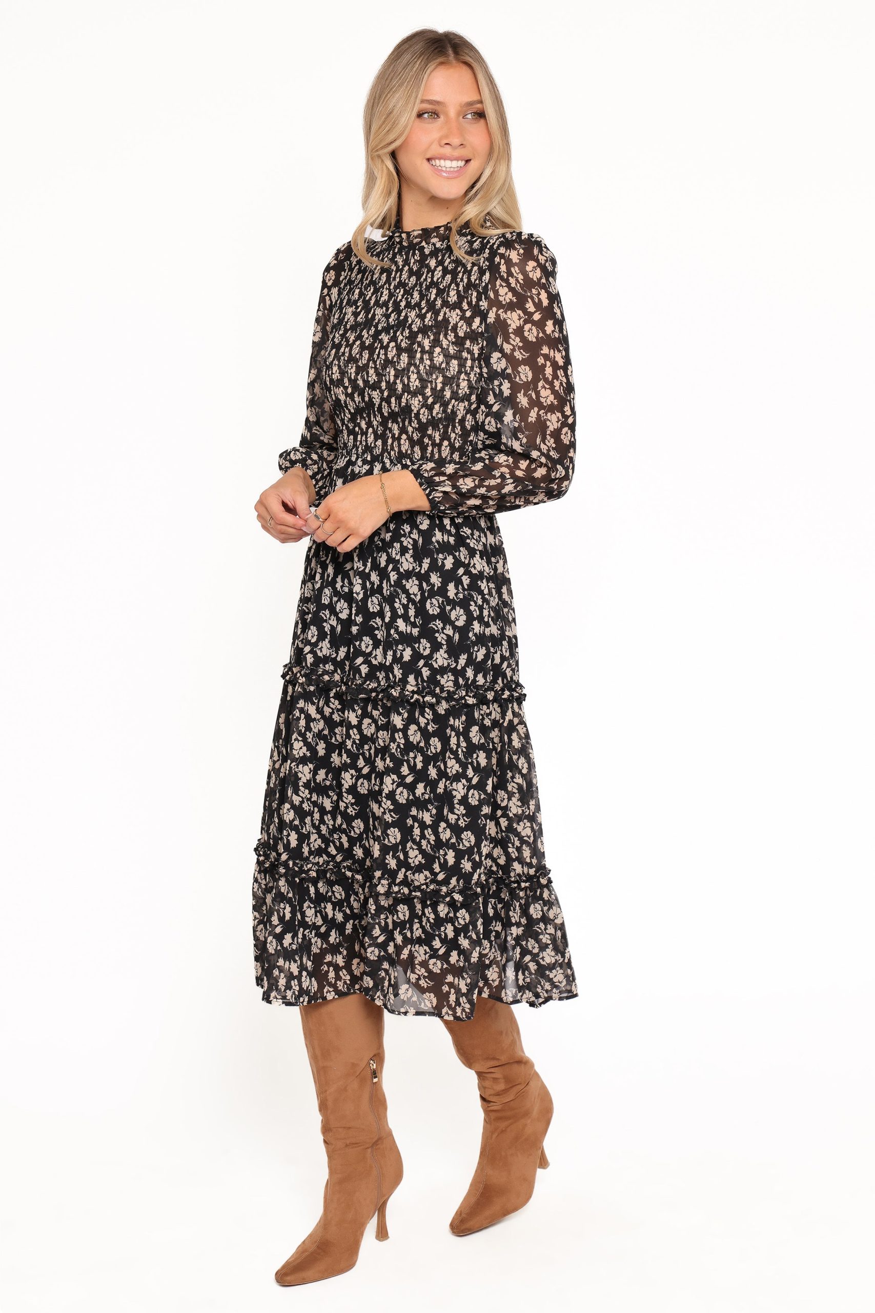 Edwina Shirred Frill Long Sleeve Midi Dress - Black Ditsy Floral - Image 3