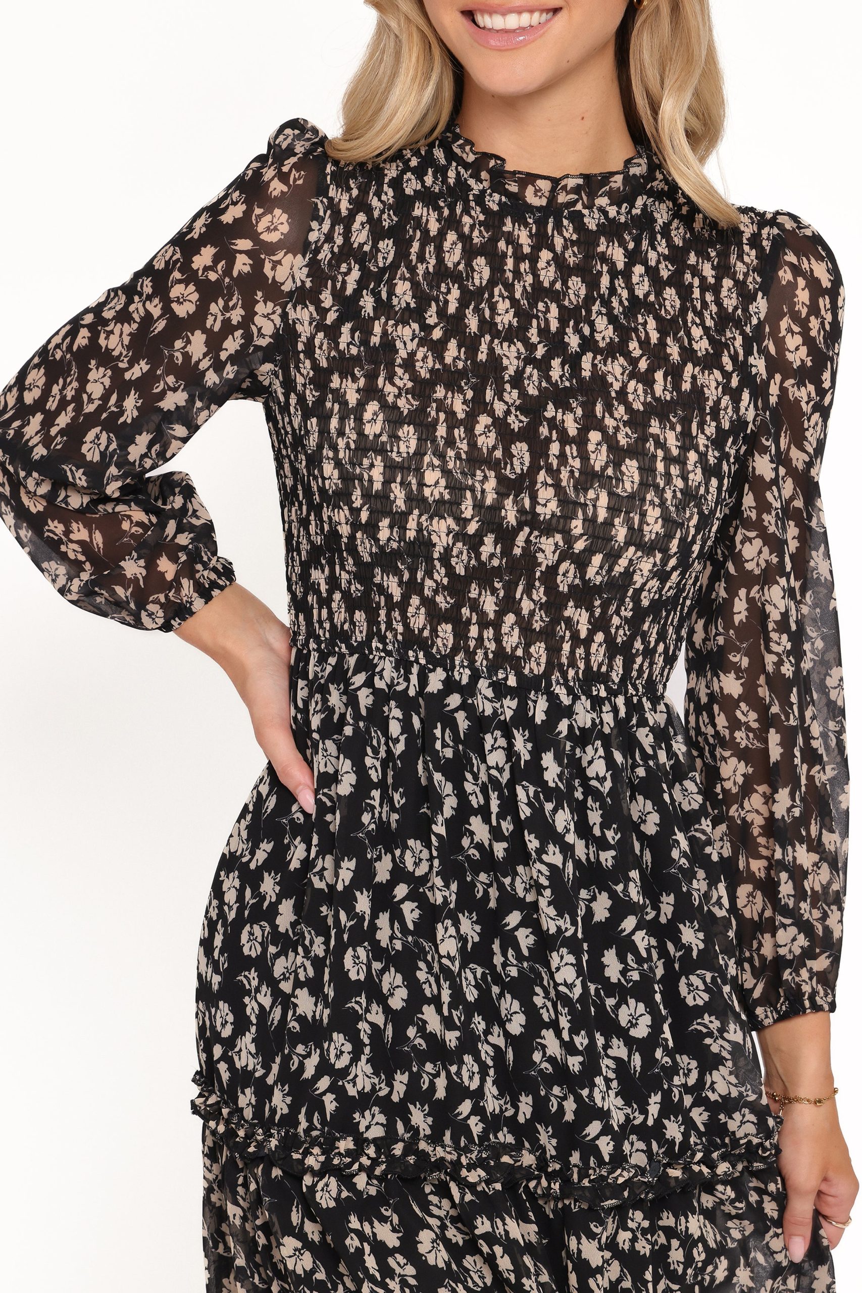 Edwina Shirred Frill Long Sleeve Midi Dress - Black Ditsy Floral - Image 5