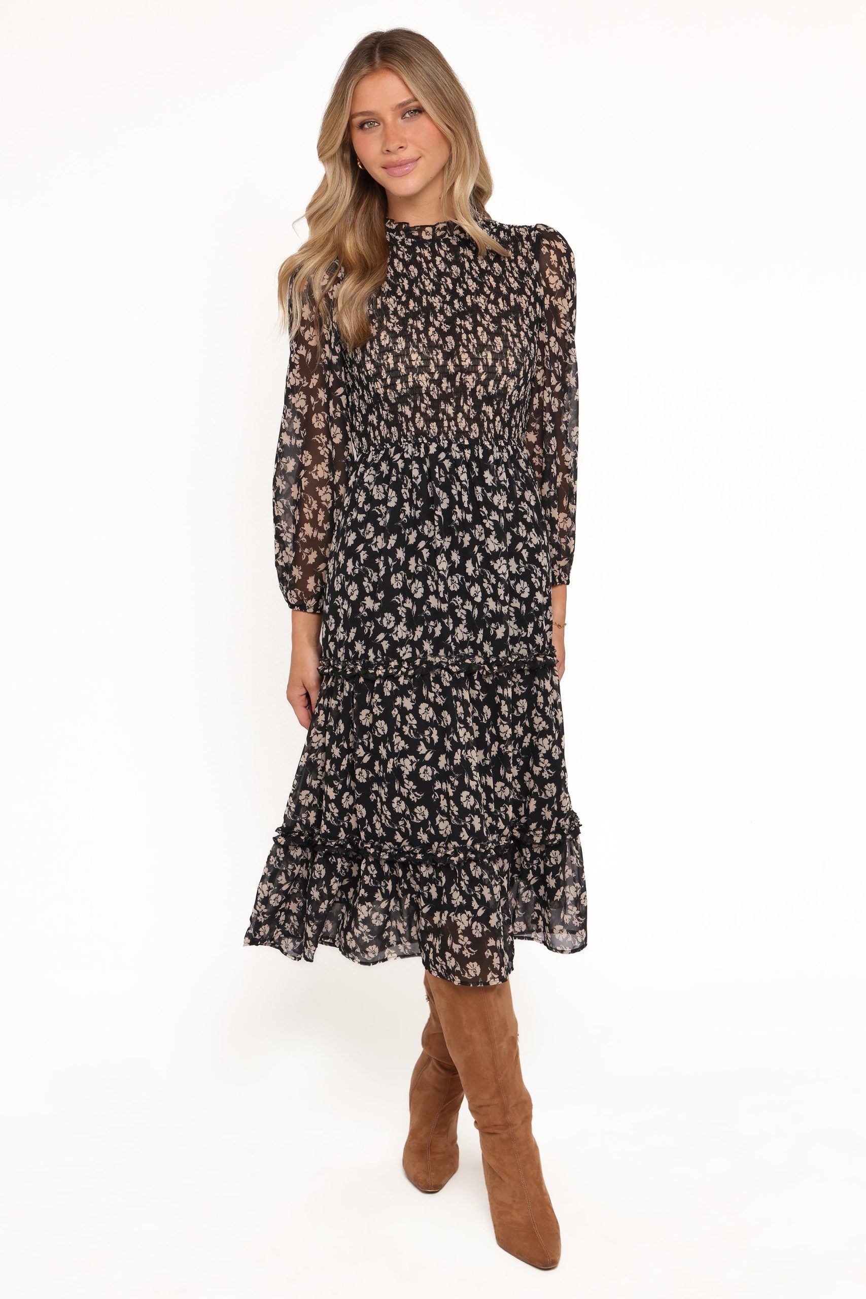 Edwina Shirred Frill Long Sleeve Midi Dress - Black Ditsy Floral - Image 2