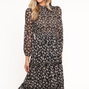 Edwina Shirred Frill Long Sleeve Midi Dress - Black Ditsy Floral