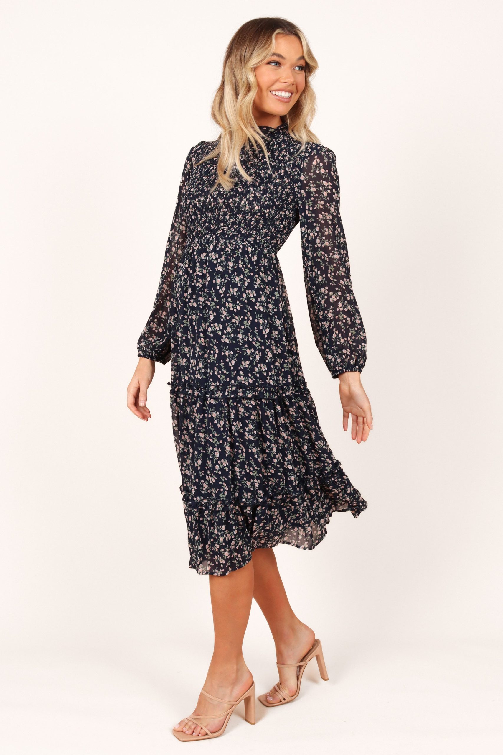 Edwina Shirred Frill Long Sleeve Midi Dress - Navy Floral - Image 2