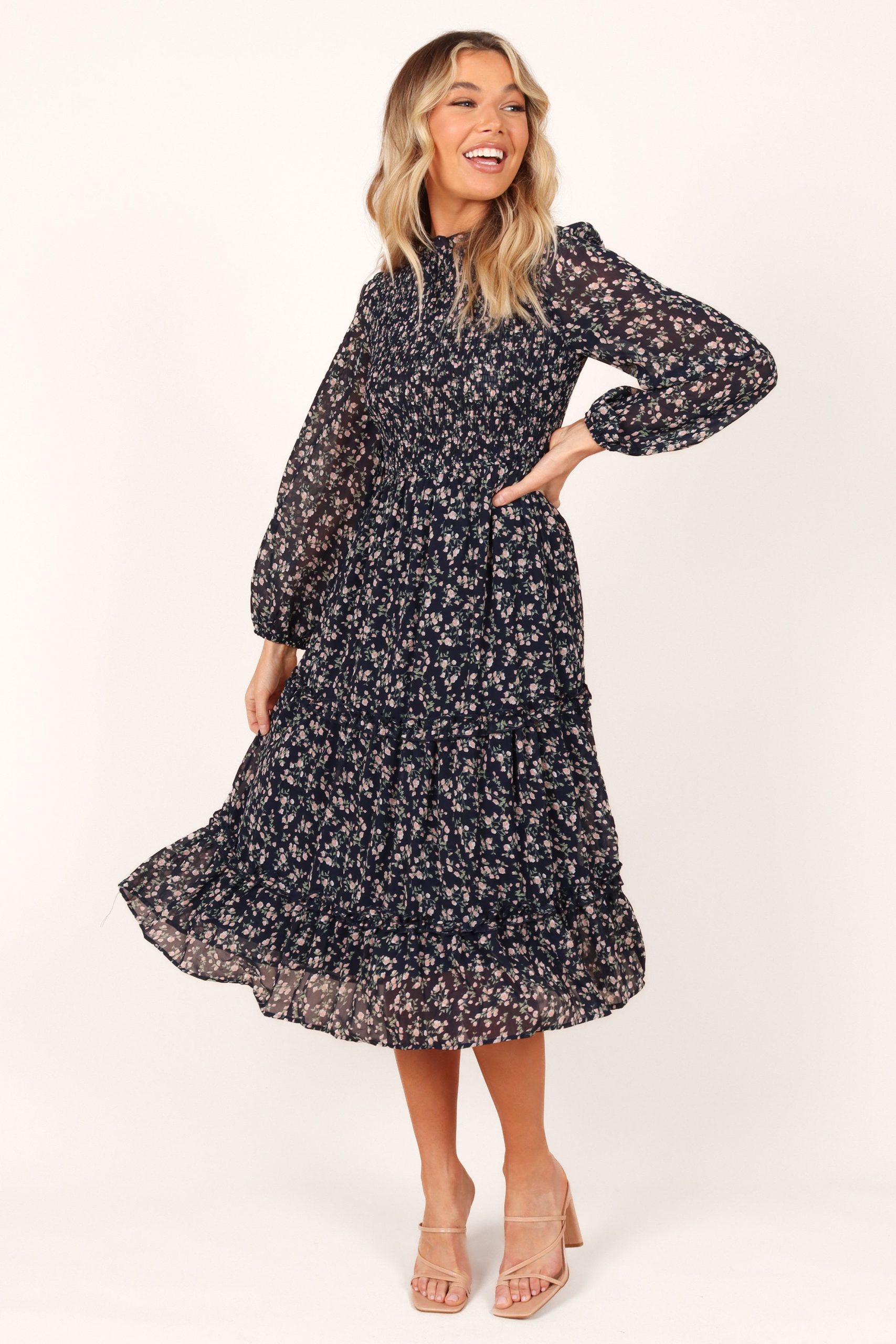 Edwina Shirred Frill Long Sleeve Midi Dress - Navy Floral - Image 5