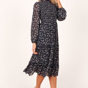 Edwina Shirred Frill Long Sleeve Midi Dress - Navy Floral
