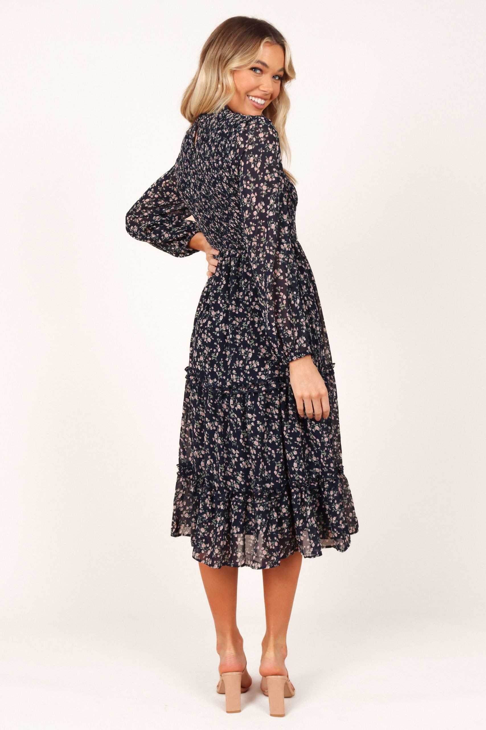 Edwina Shirred Frill Long Sleeve Midi Dress - Navy Floral - Image 4