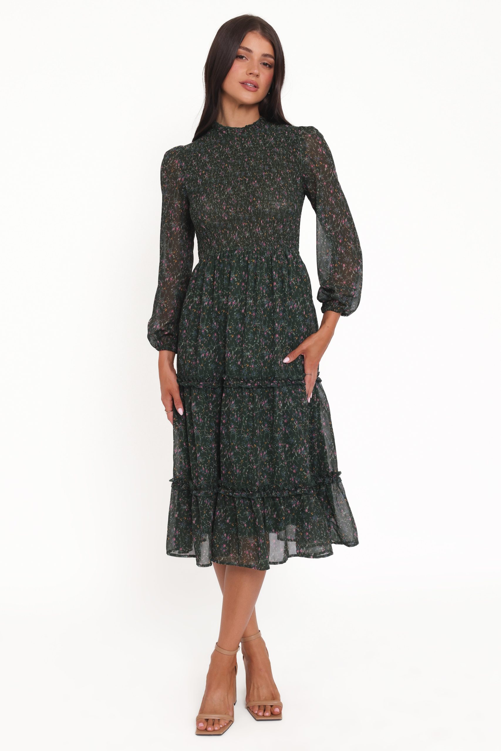 Edwina Shirred Frill Long Sleeve Midi Dress - Olive Floral - Image 7