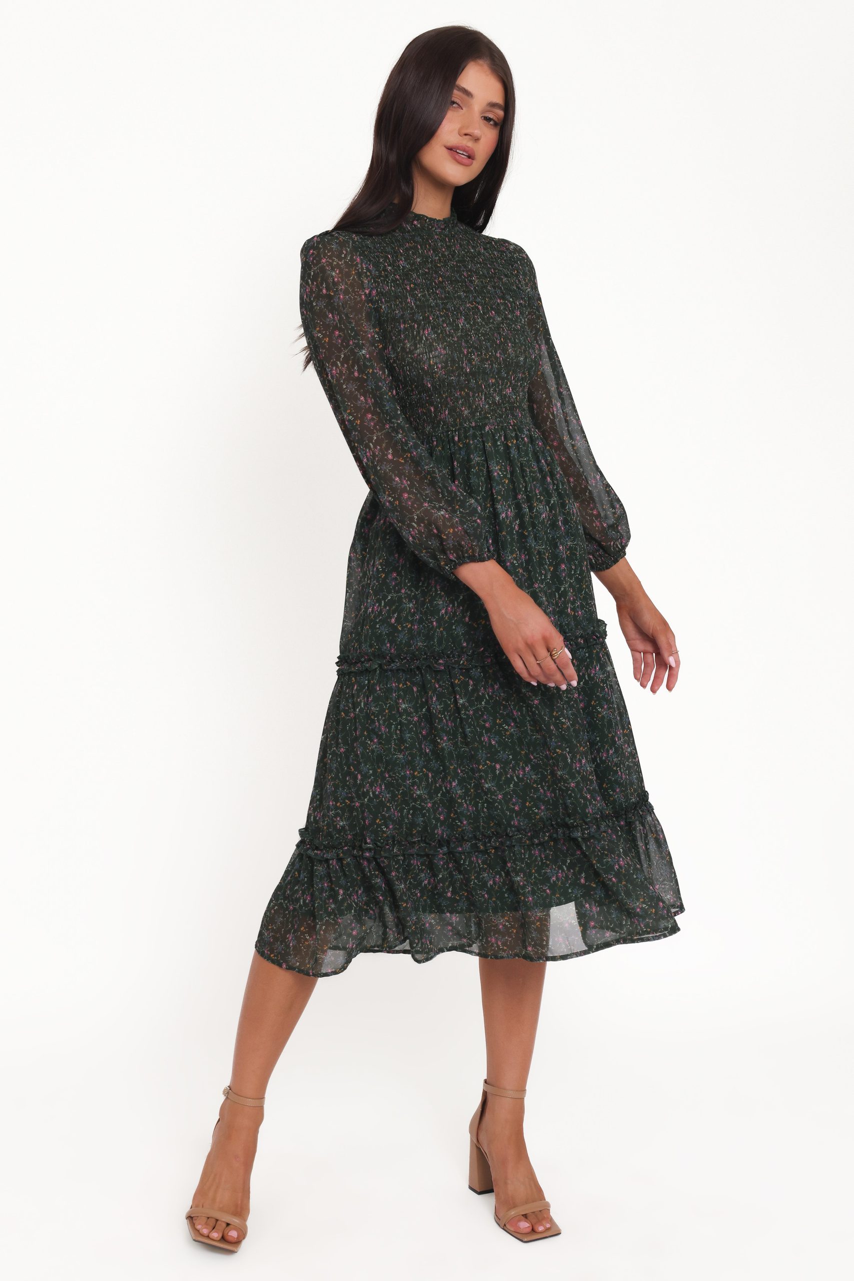 Edwina Shirred Frill Long Sleeve Midi Dress - Olive Floral - Image 5