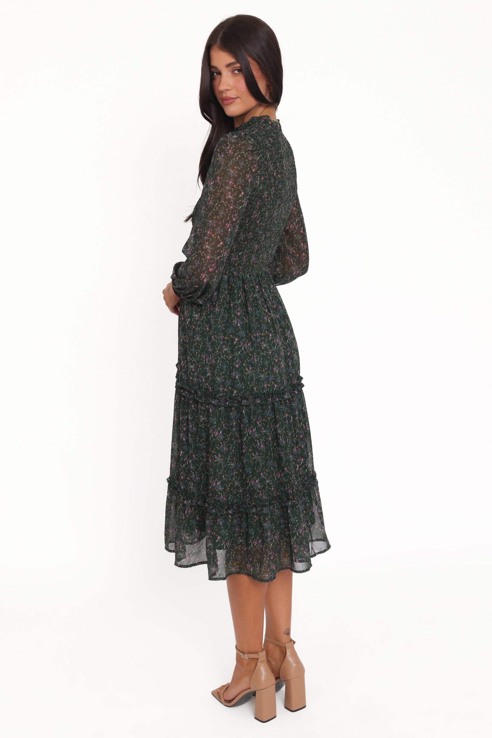 Edwina Shirred Frill Long Sleeve Midi Dress - Olive Floral - Image 4