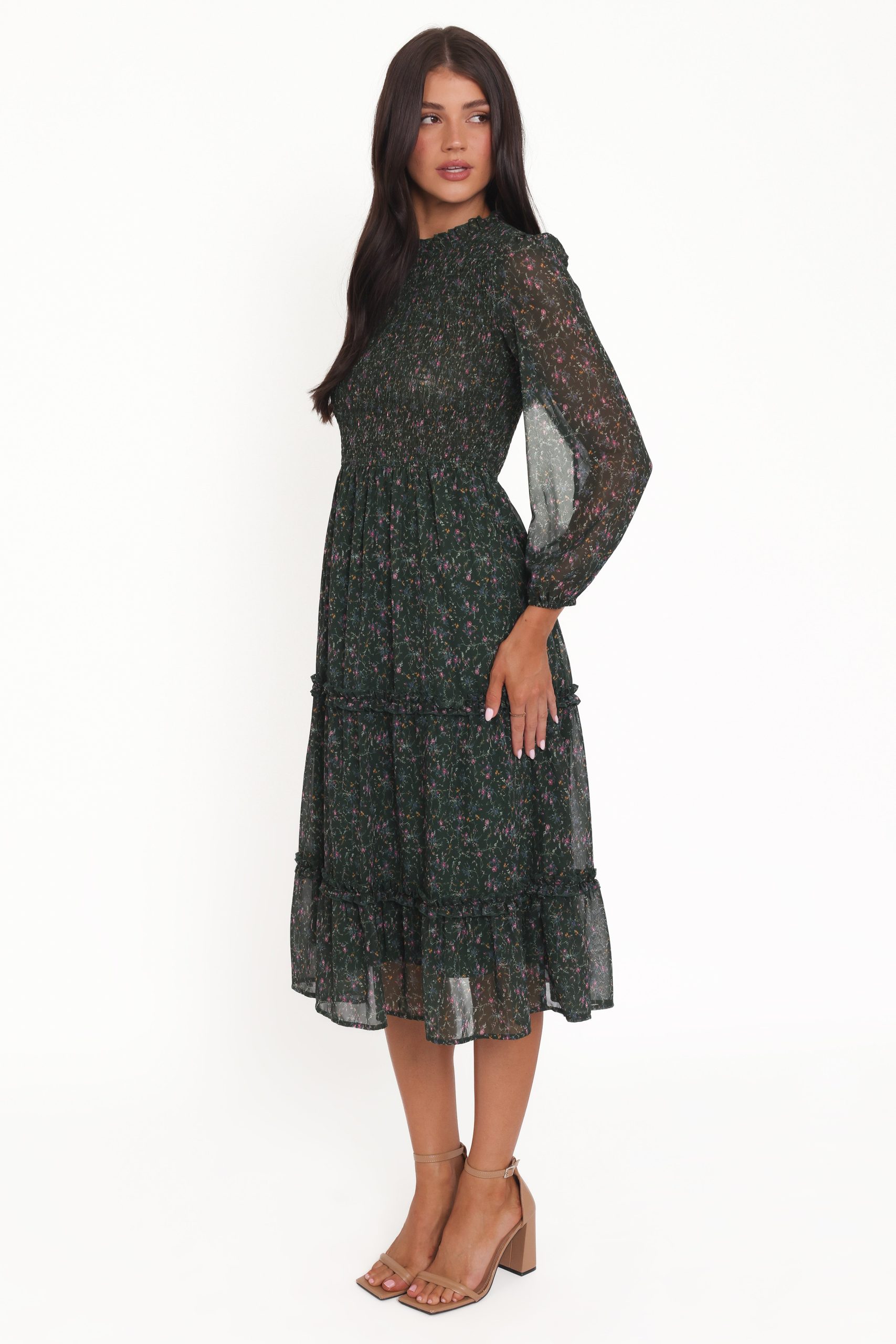Edwina Shirred Frill Long Sleeve Midi Dress - Olive Floral - Image 3