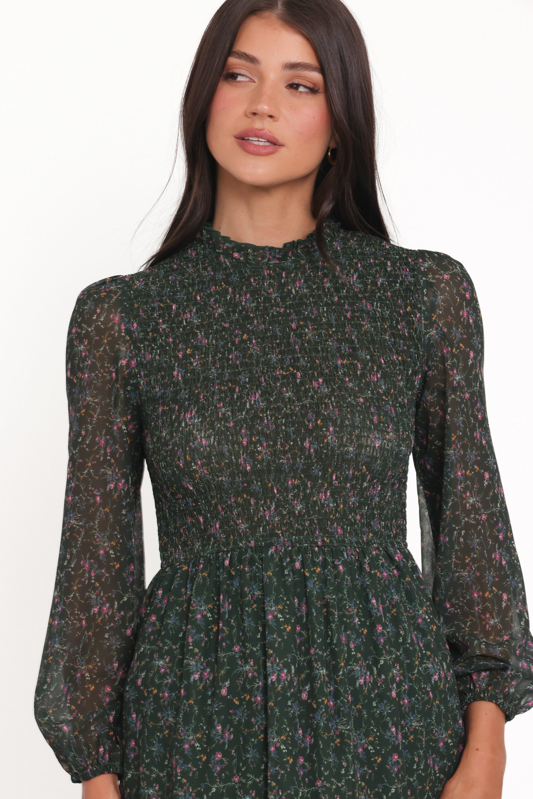 Edwina Shirred Frill Long Sleeve Midi Dress - Olive Floral - Image 2