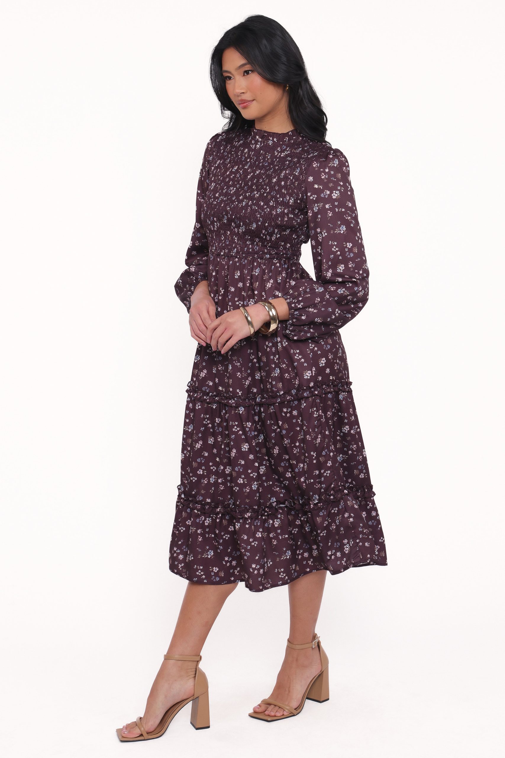 Edwina Shirred Frill Long Sleeve Midi Dress - Plum Floral - Image 3