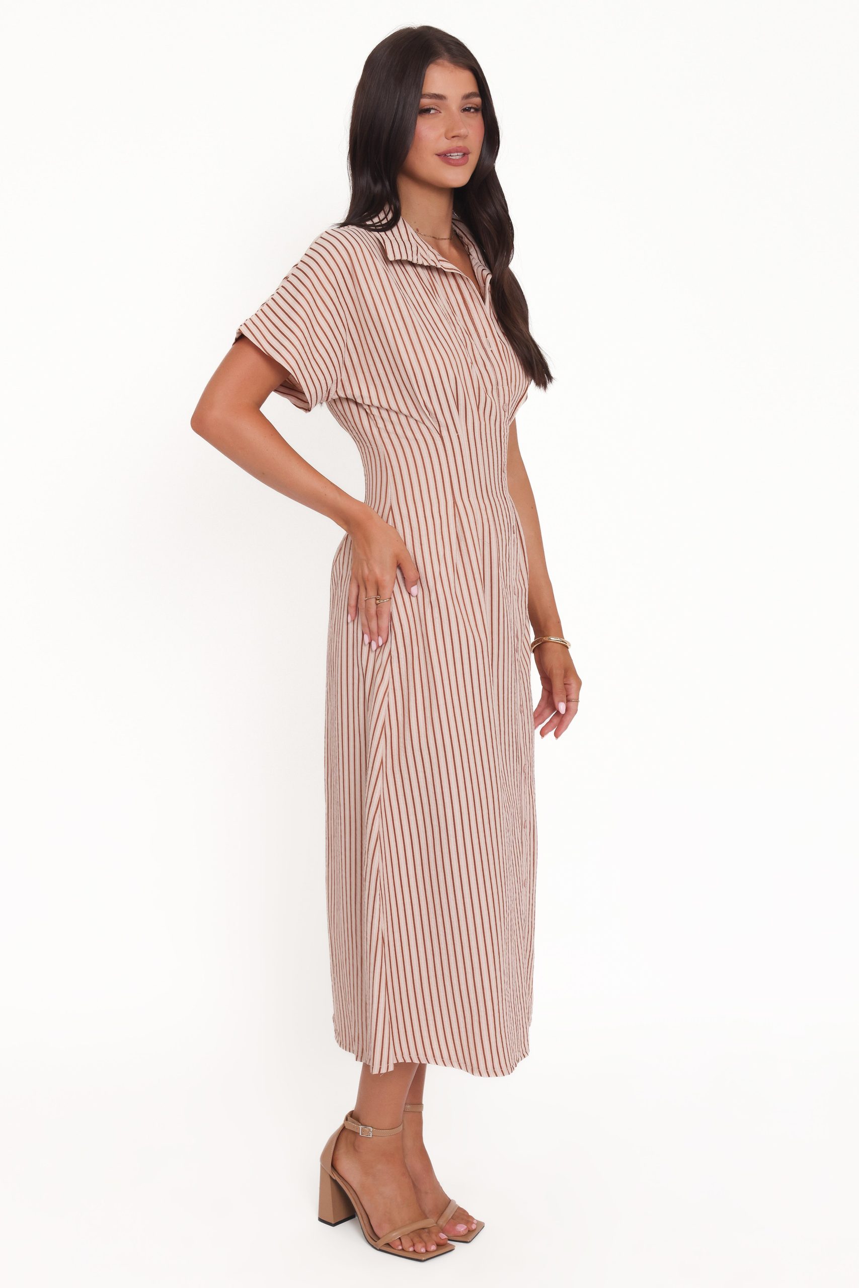 Eilis Short Sleeve Button Down Maxi Dress - Brown Stripe - Image 4