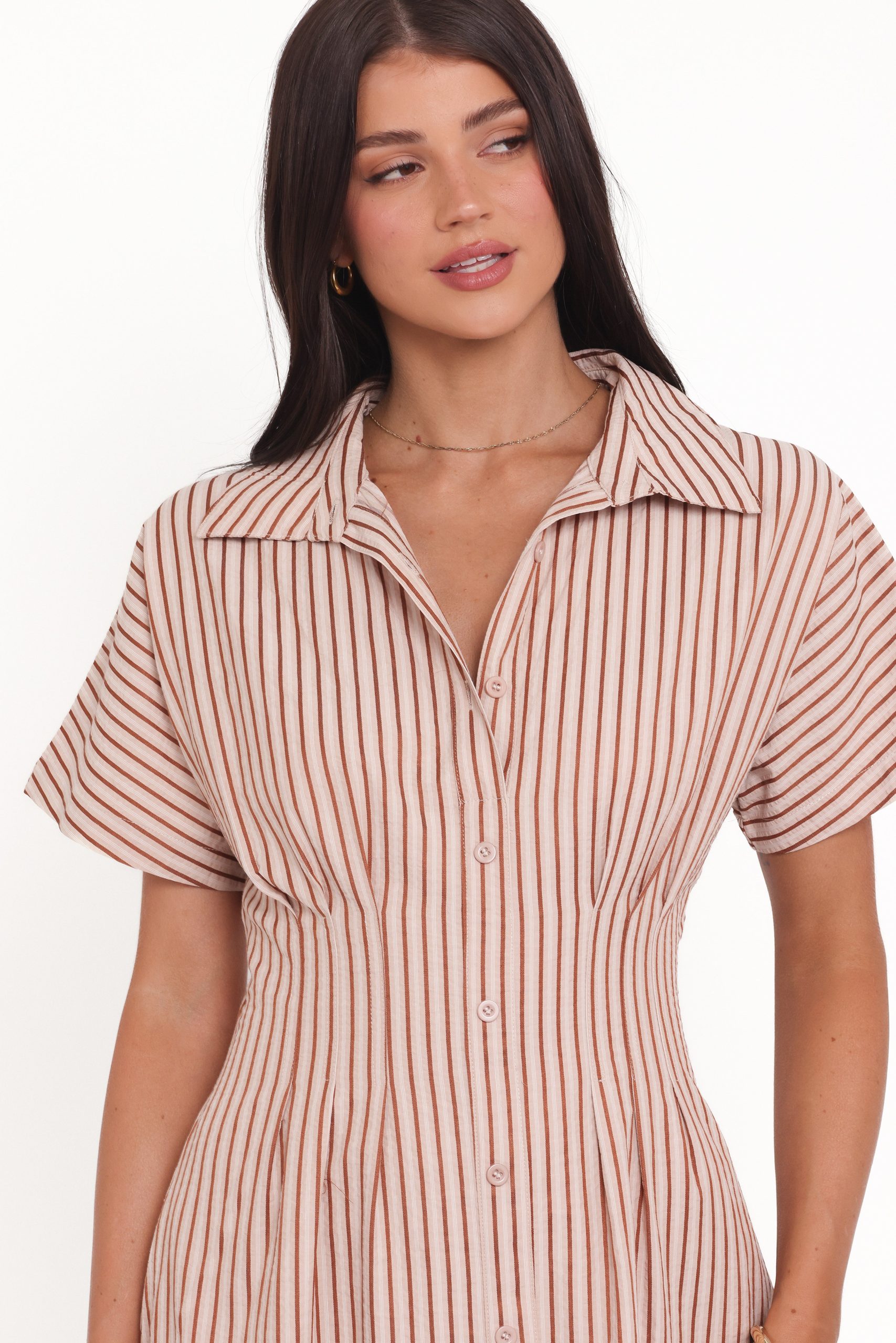 Eilis Short Sleeve Button Down Maxi Dress - Brown Stripe - Image 2