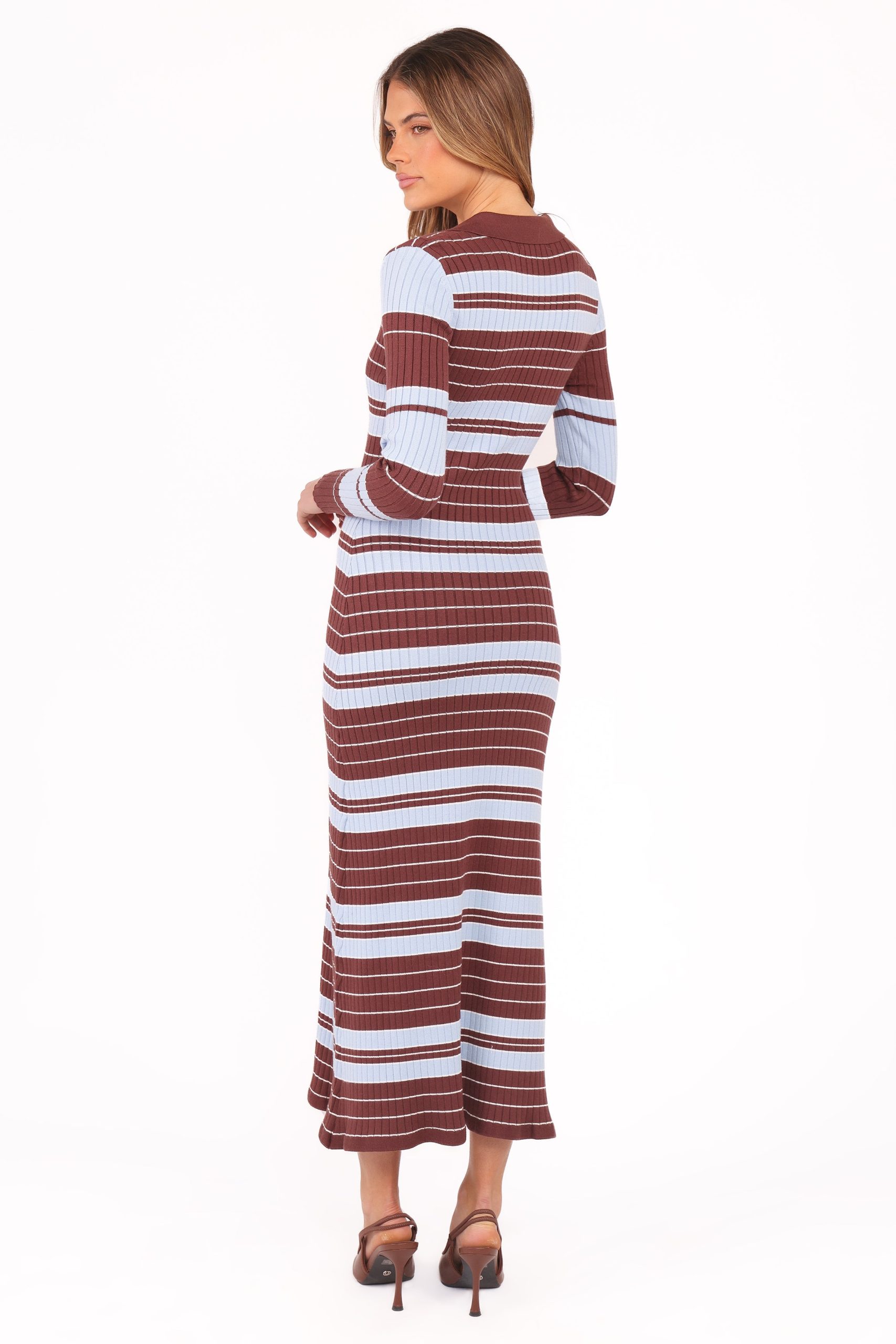 Eliana Long Sleeve Midi Dress - Brown Blue Stripe - Image 4