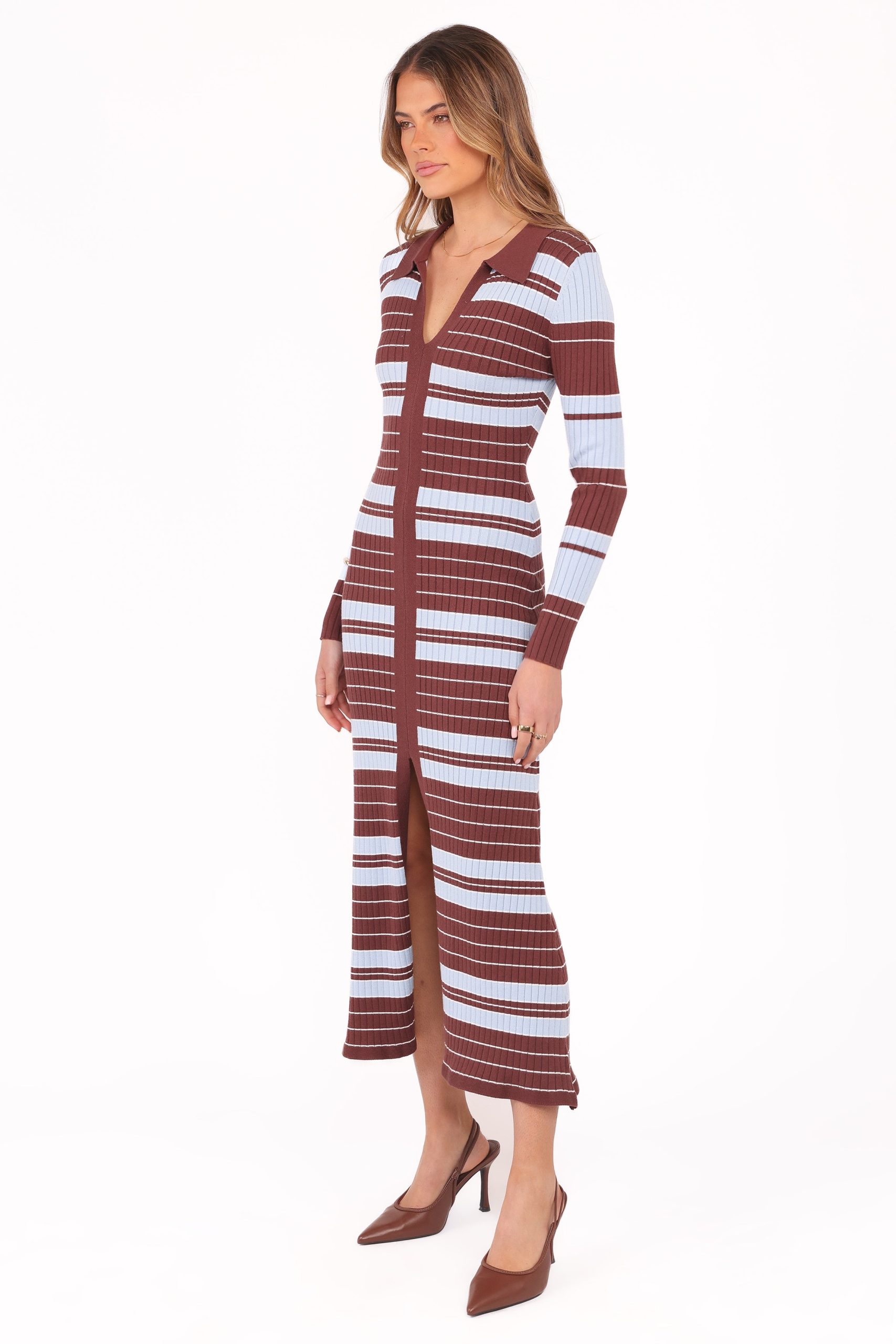 Eliana Long Sleeve Midi Dress - Brown Blue Stripe - Image 3