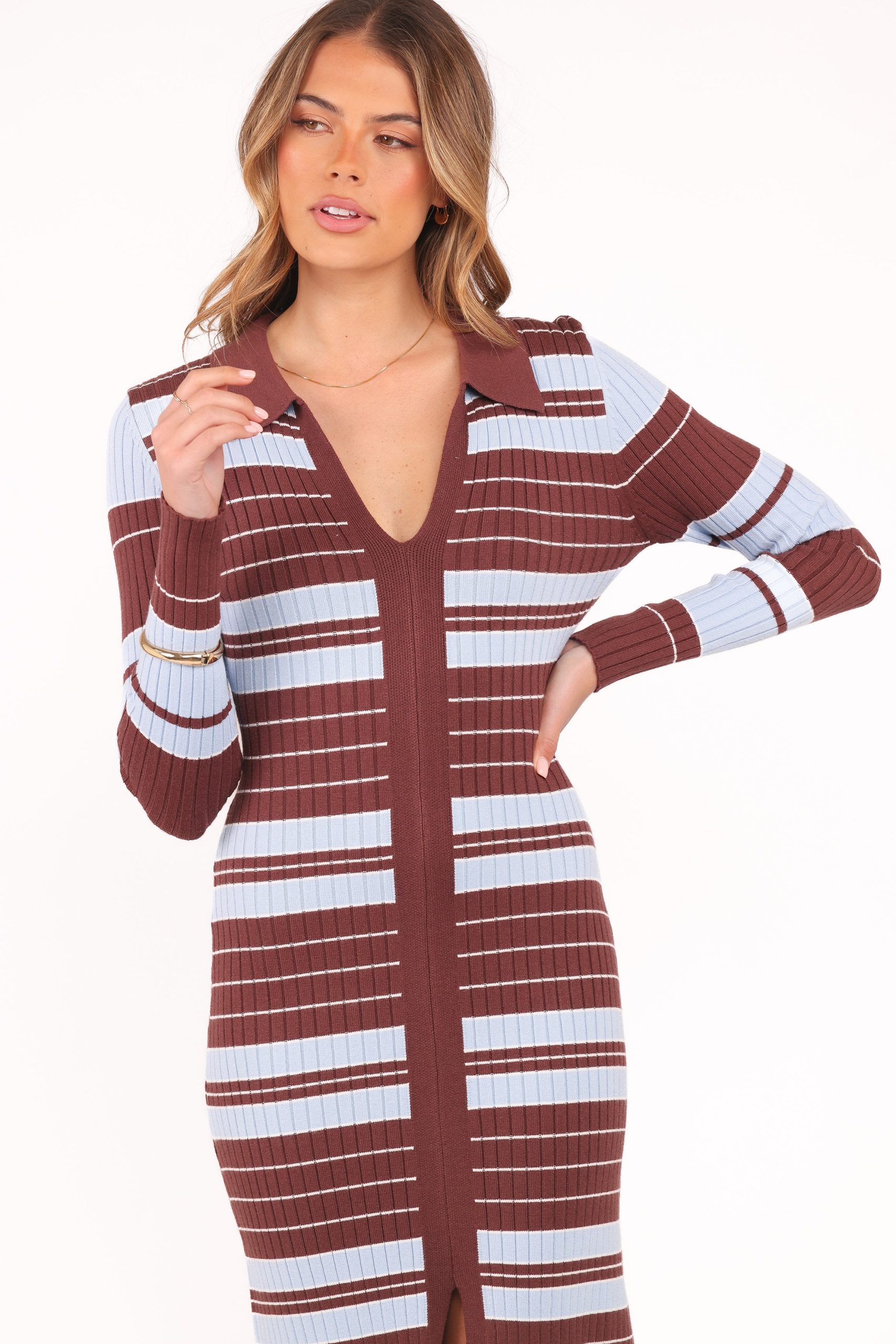 Eliana Long Sleeve Midi Dress - Brown Blue Stripe - Image 2