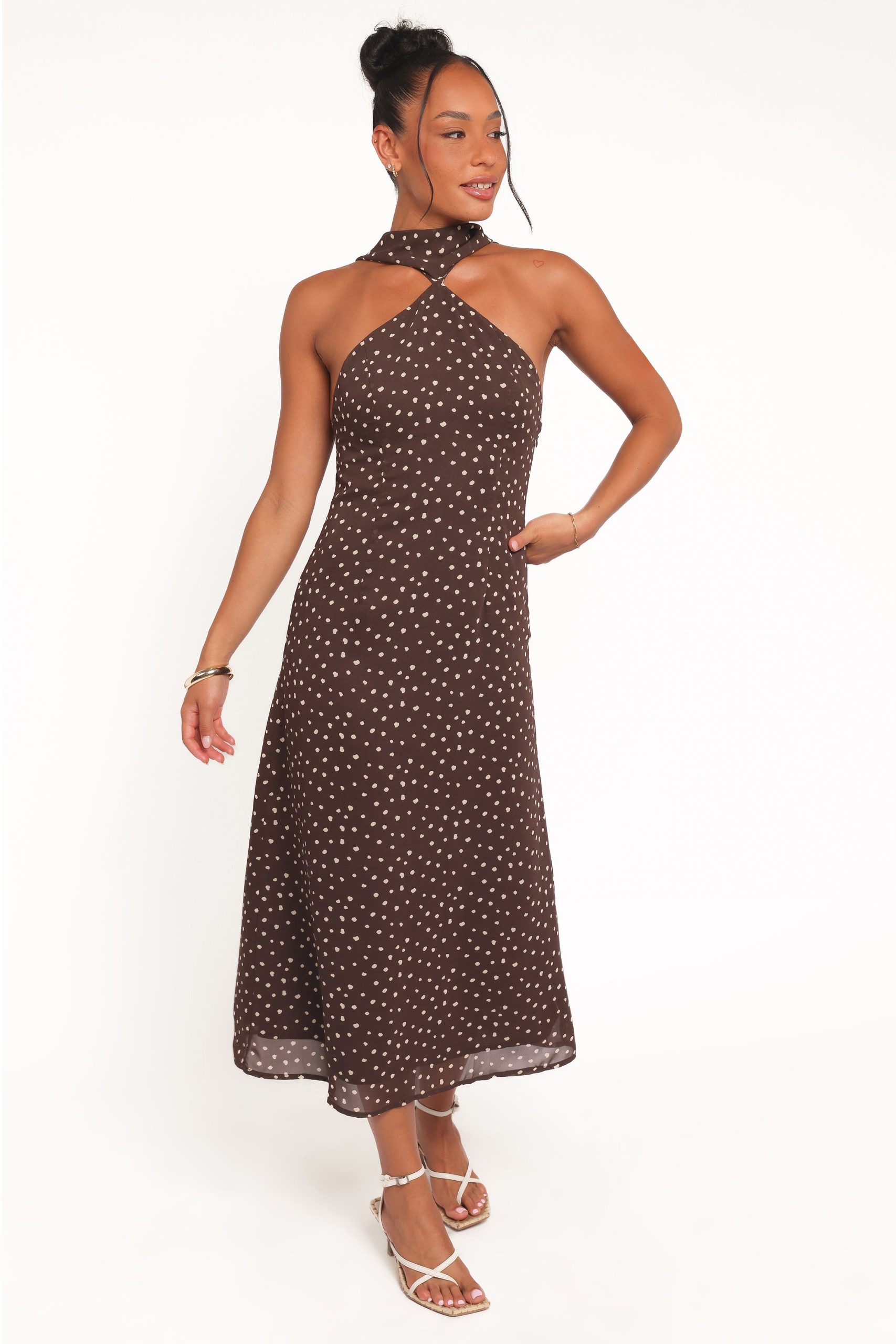 Elva Halterneck Midi Dress - Brown Polka Dot - Image 4