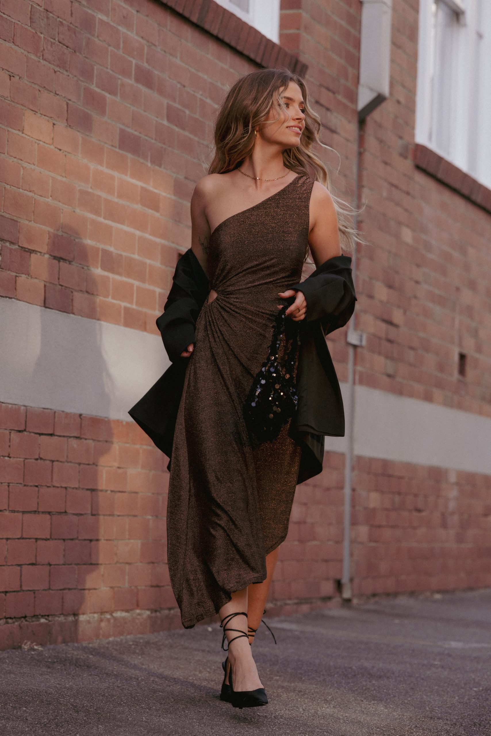 Emma One Shoulder Midi Dress - Vintage Gold - Image 9