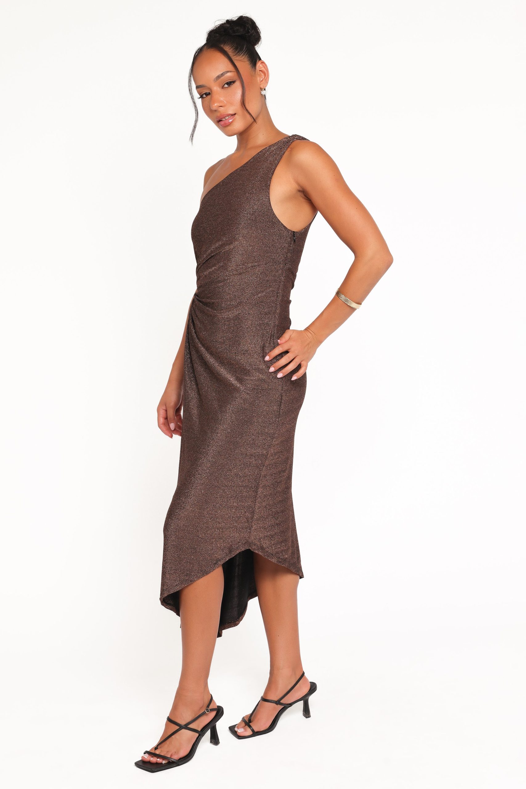 Emma One Shoulder Midi Dress - Vintage Gold - Image 4